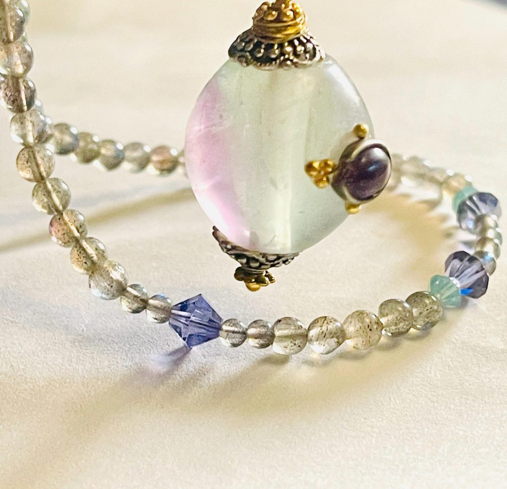 Memorial Amethyst Fluorite Pendant Necklace: Labradorite Beaded Urn