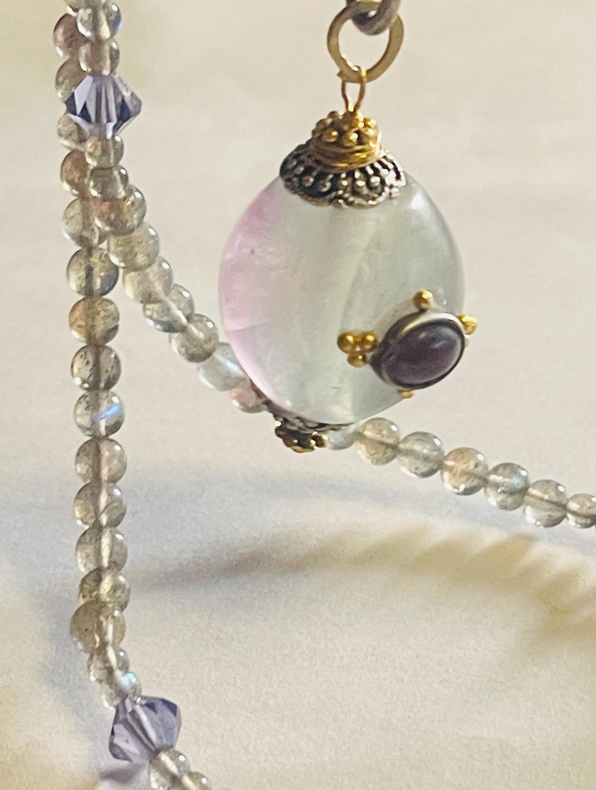 Memorial Amethyst Fluorite Pendant Necklace: Labradorite Beaded Urn - Image 3
