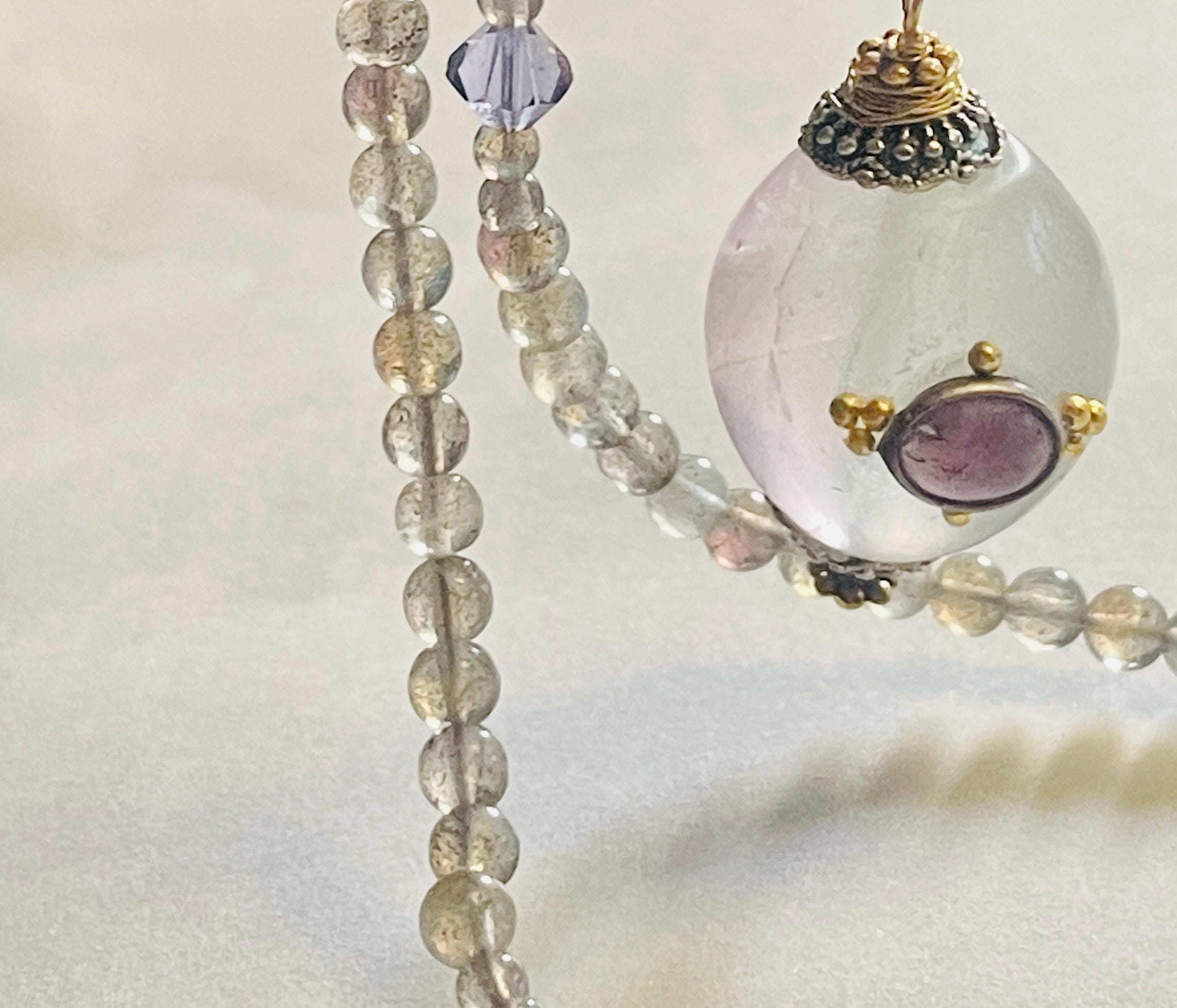 Memorial Amethyst Fluorite Pendant Necklace: Labradorite Beaded Urn - Image 5