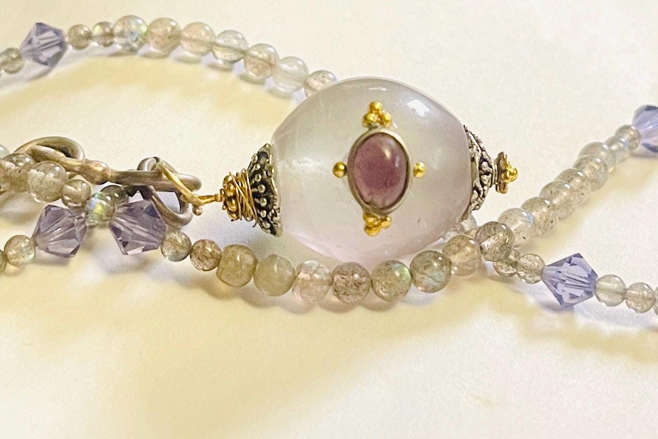 Memorial Amethyst Fluorite Pendant Necklace: Labradorite Beaded Urn - Image 7