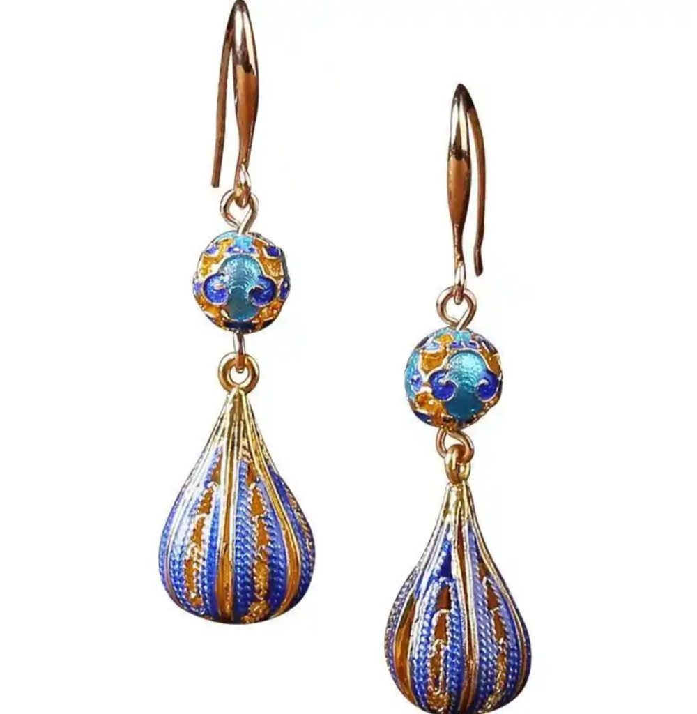 Blue Enamel Drop Earrings: Vintage Gold Tone Hypoallergenic Jewelry