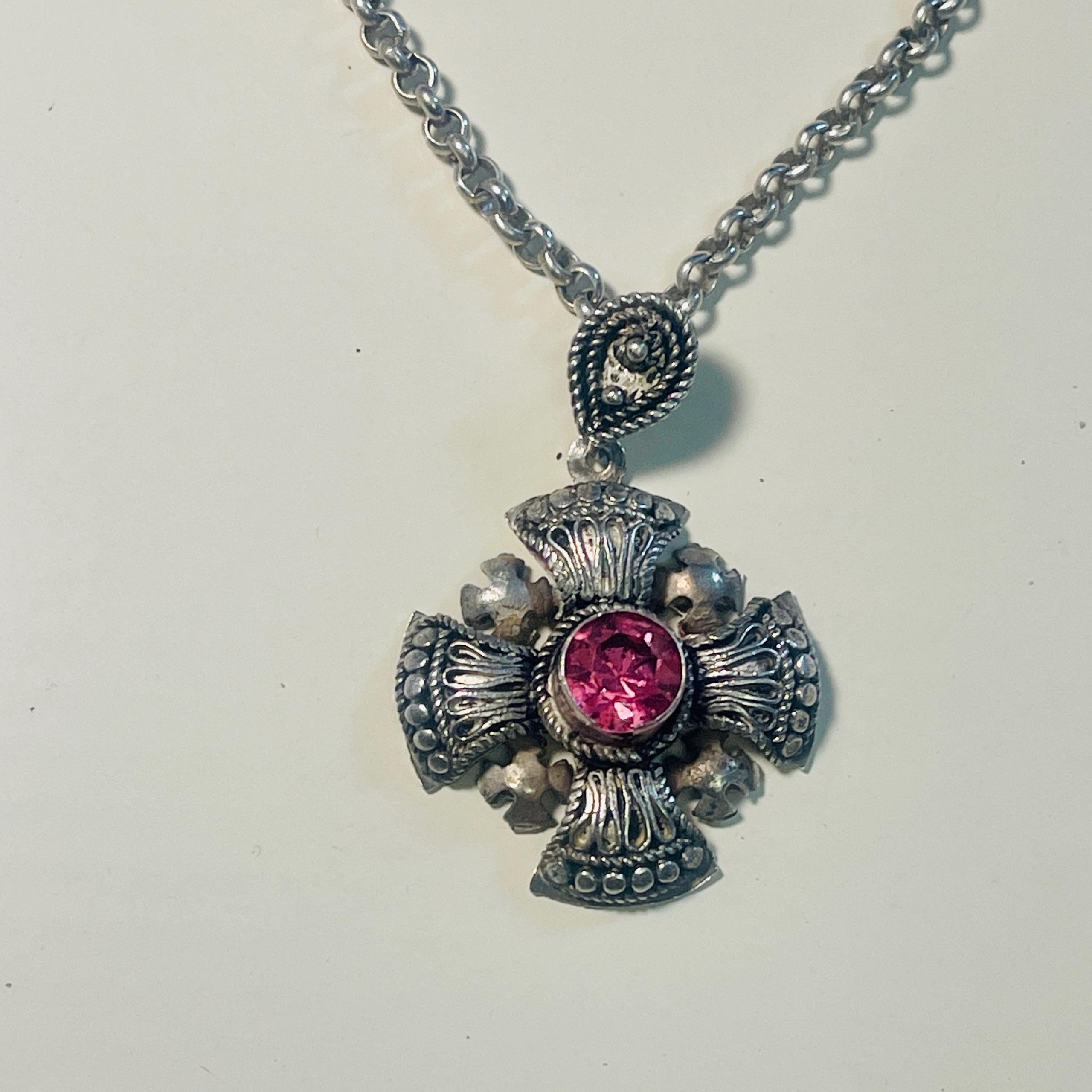 Vintage Sterling Silver Maltese Cross Pendant: Pink Sapphire Bethlehem Crusader - Image 3