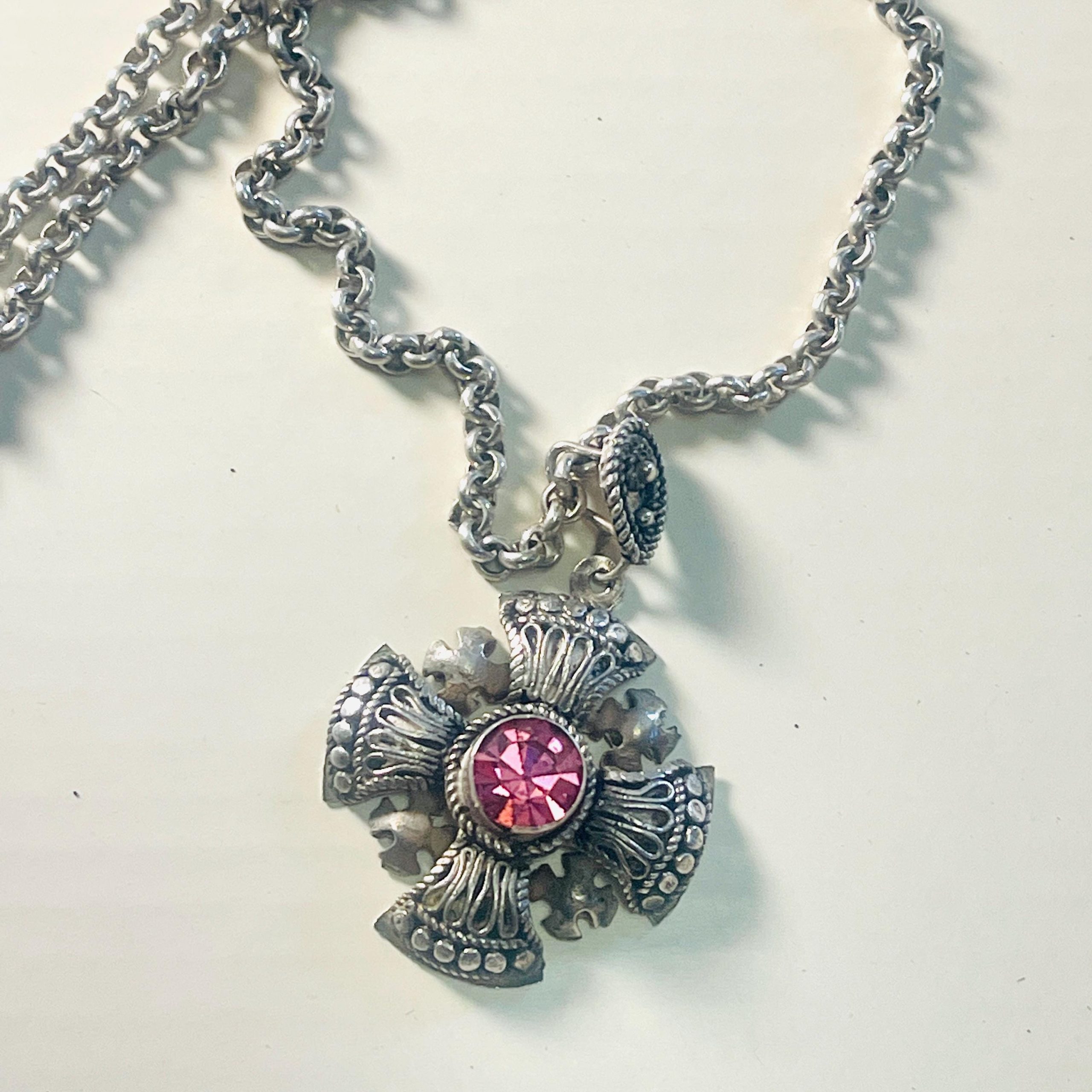 Vintage Sterling Silver Maltese Cross Pendant: Pink Sapphire Bethlehem Crusader - Image 6