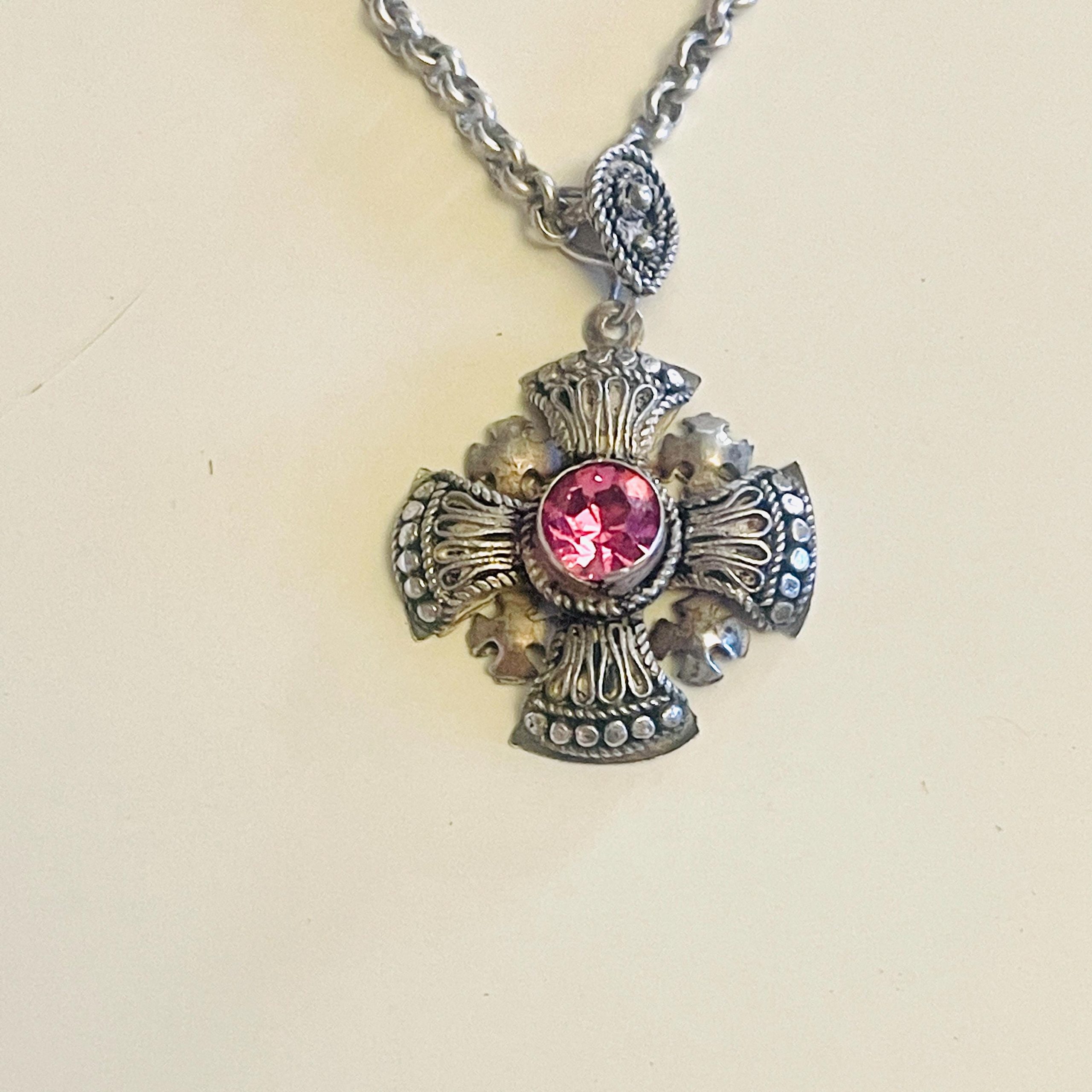 Vintage Sterling Silver Maltese Cross Pendant: Pink Sapphire Bethlehem Crusader - Image 7