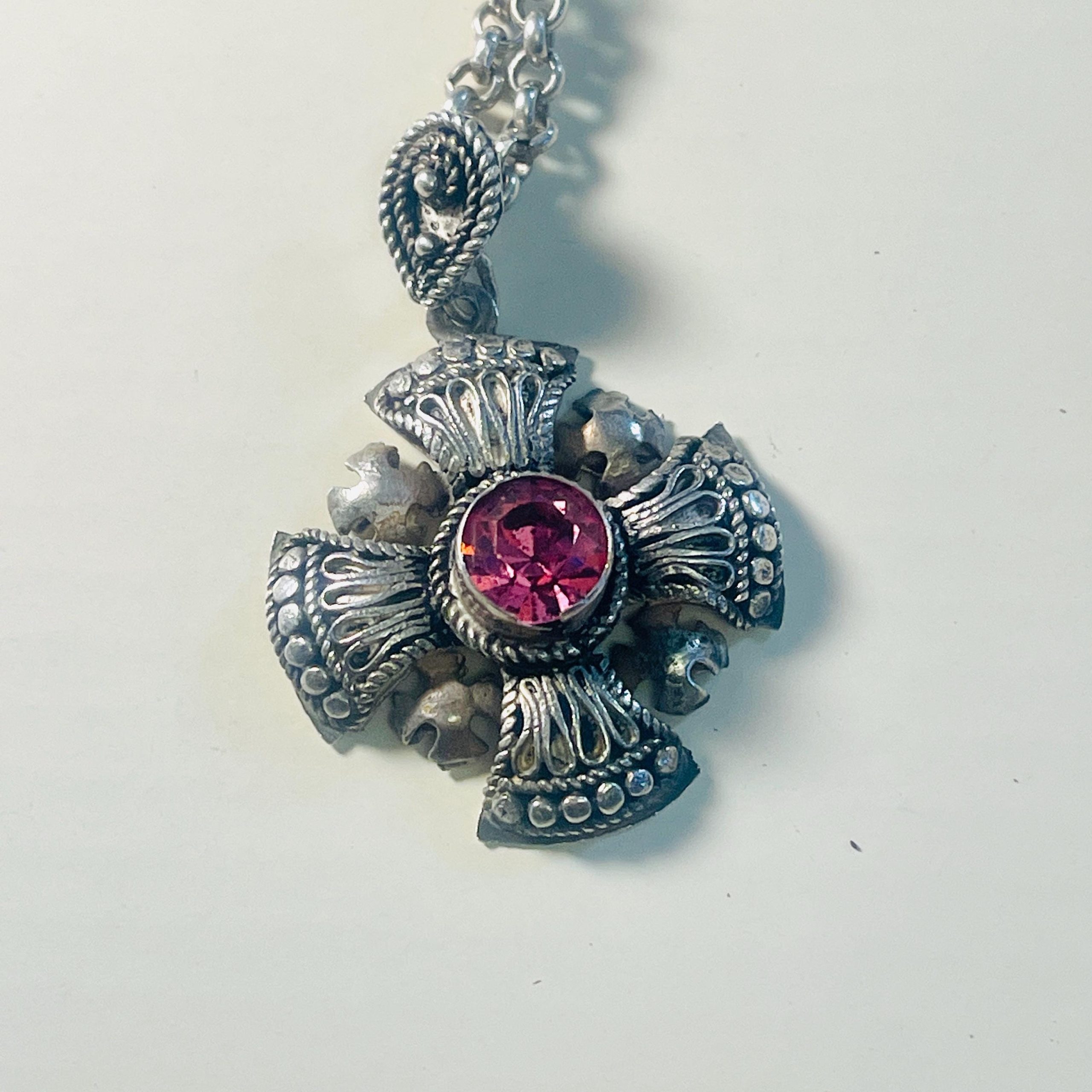 Vintage Sterling Silver Maltese Cross Pendant: Pink Sapphire Bethlehem Crusader - Image 8