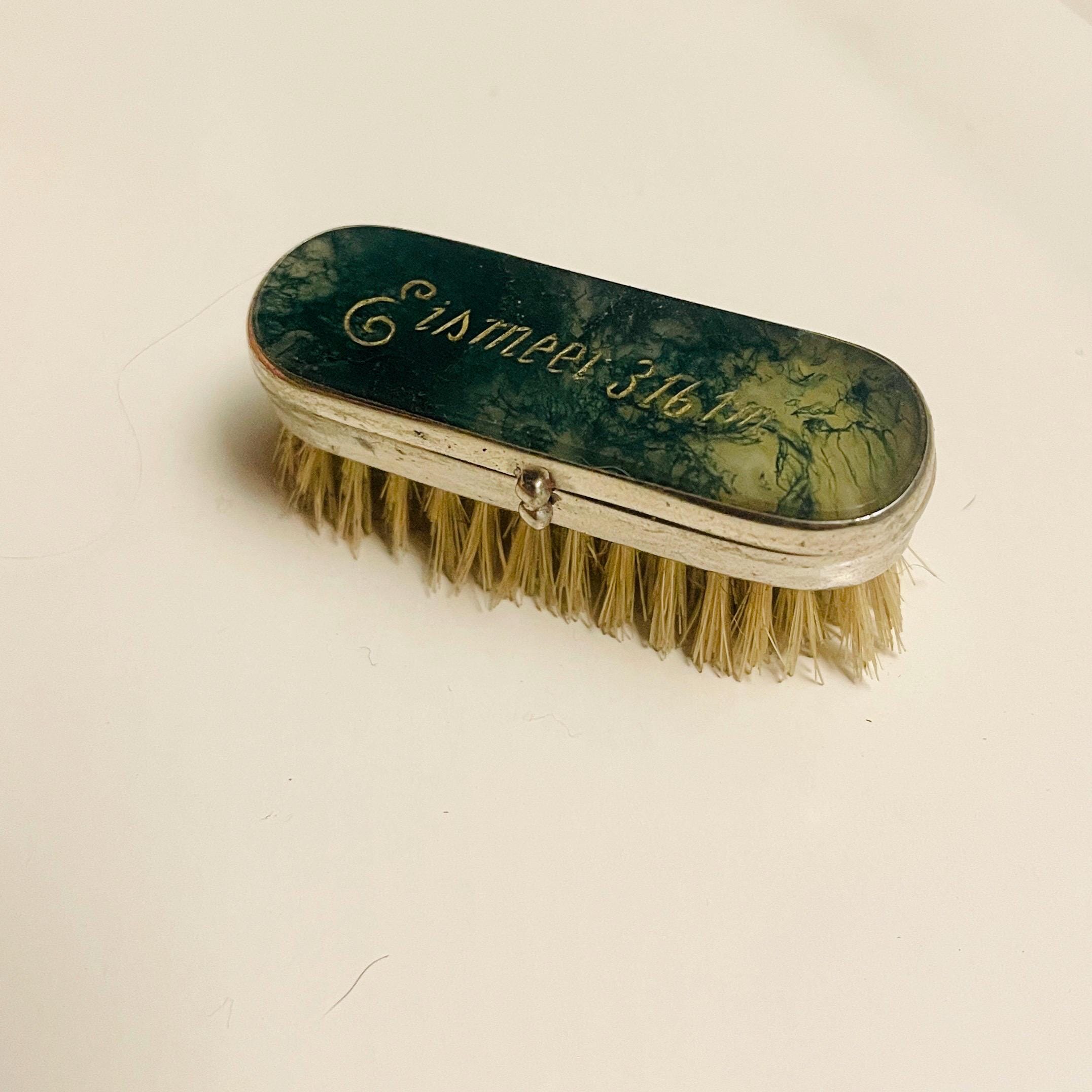 Victorian Moss Agate Moustache Brush Set with Engraved Mirror Vanity Box - Image 8