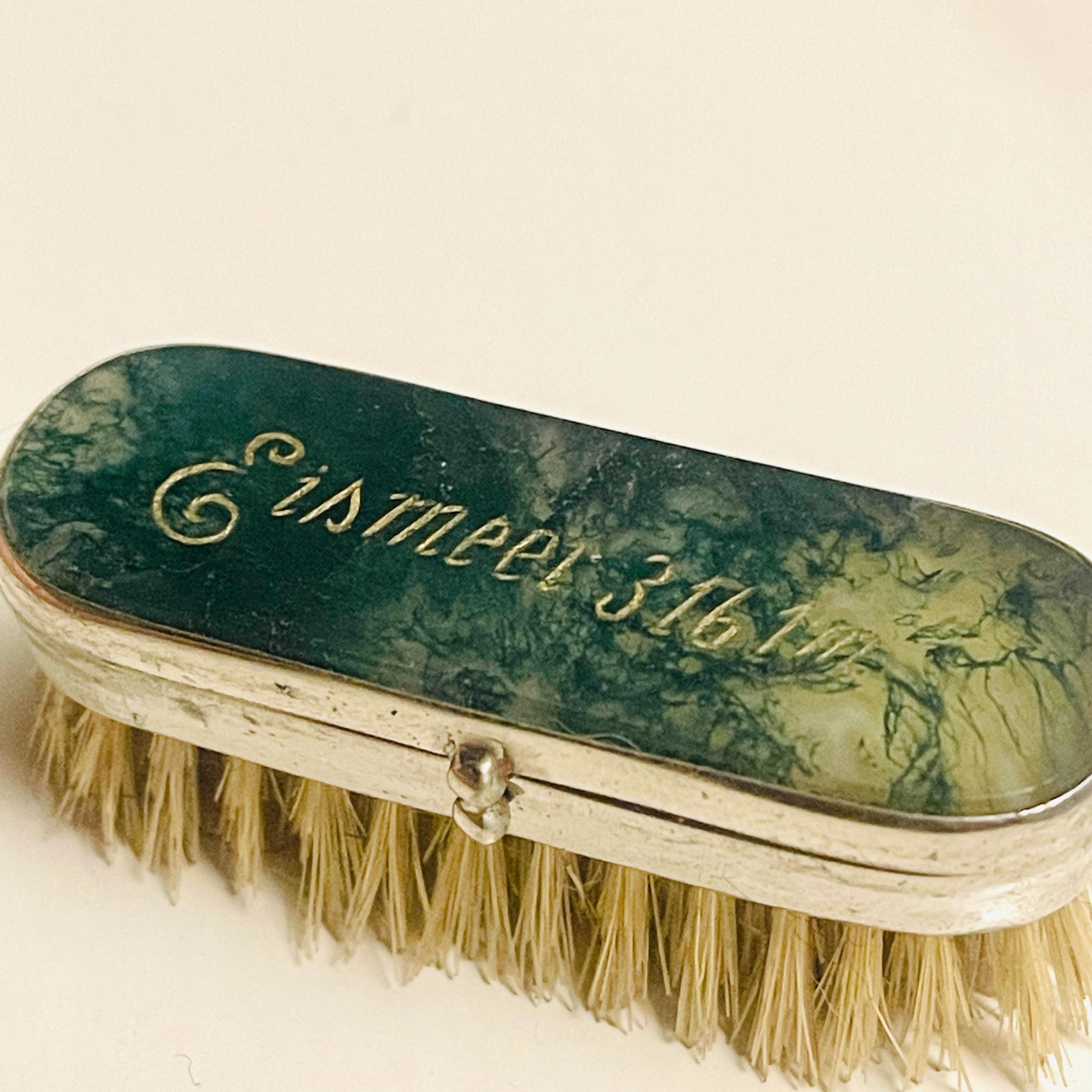 Victorian Moss Agate Moustache Brush Set with Engraved Mirror Vanity Box - Image 5