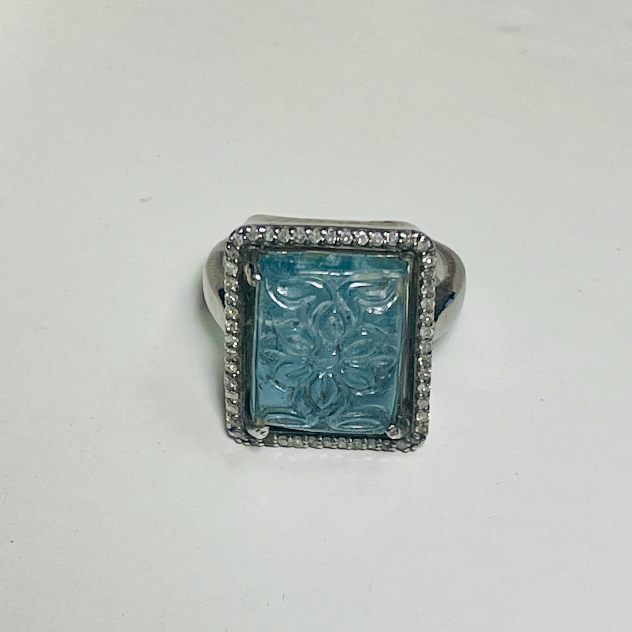 Carved Aquamarine Diamond Ring: Sterling Silver, Size 7.5 - Image 4