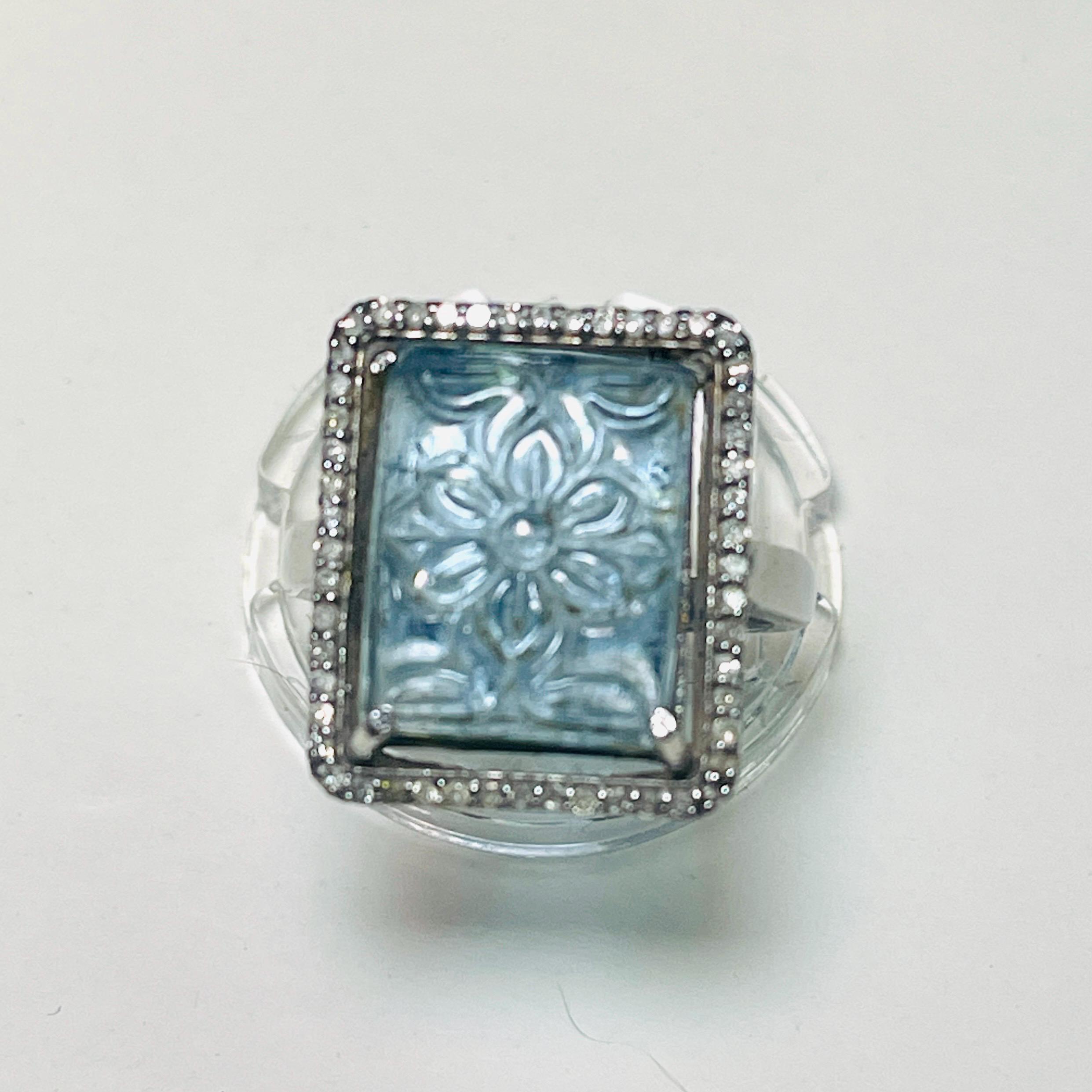 Carved Aquamarine Diamond Ring: Sterling Silver, Size 7.5 - Image 8
