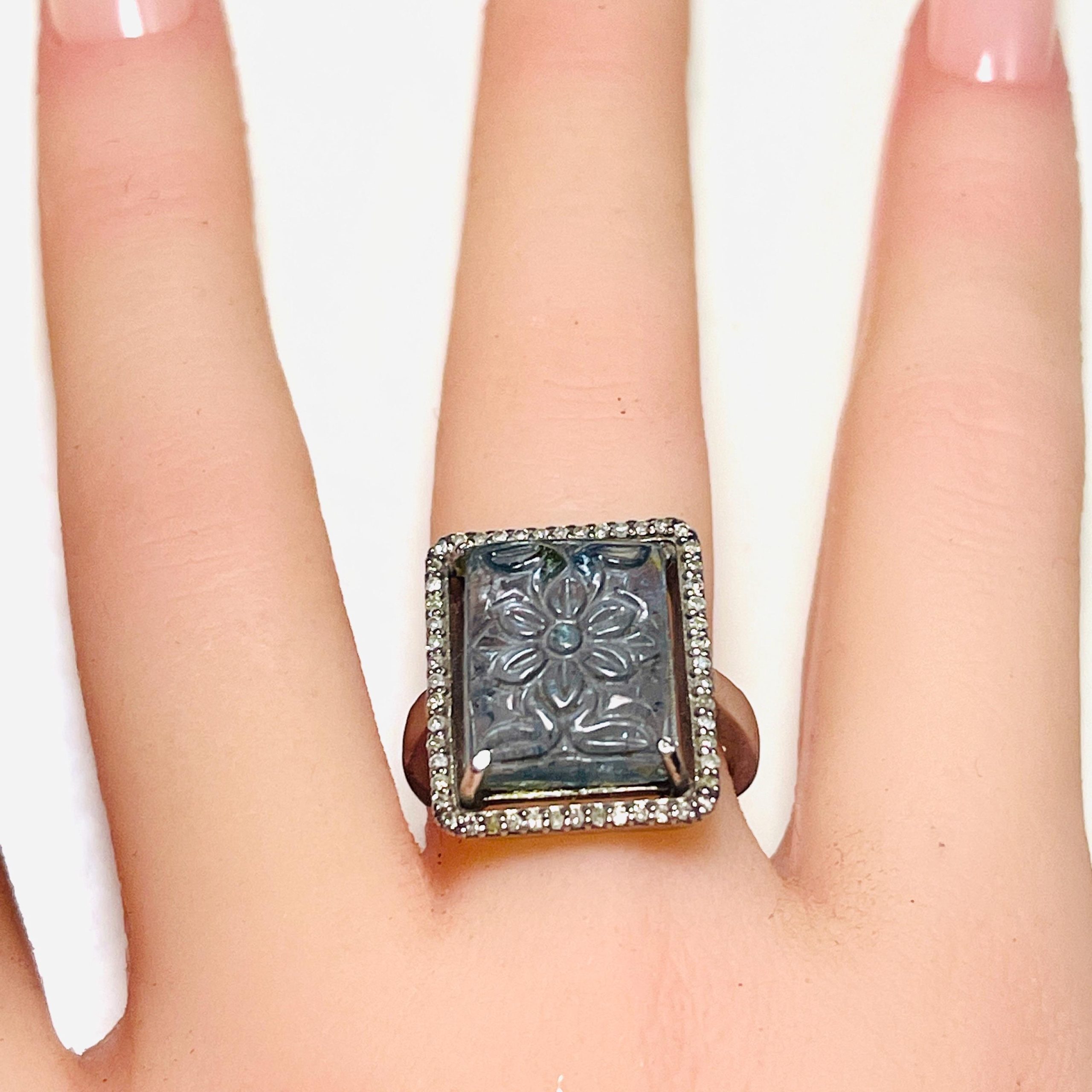 Carved Aquamarine Diamond Ring: Sterling Silver, Size 7.5 - Image 9