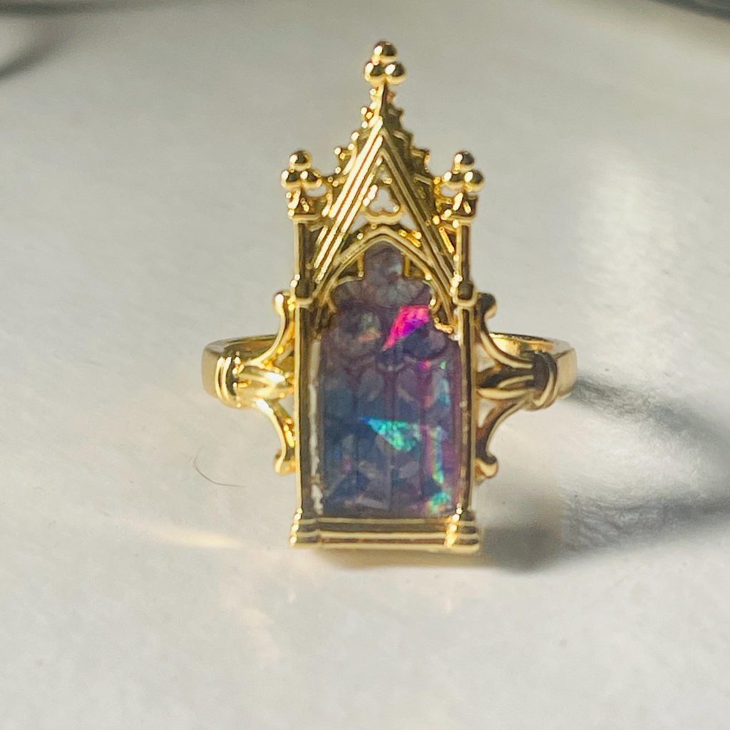 Gothic Cathedral Opal Ring: 18k Gold Arched Window Ring