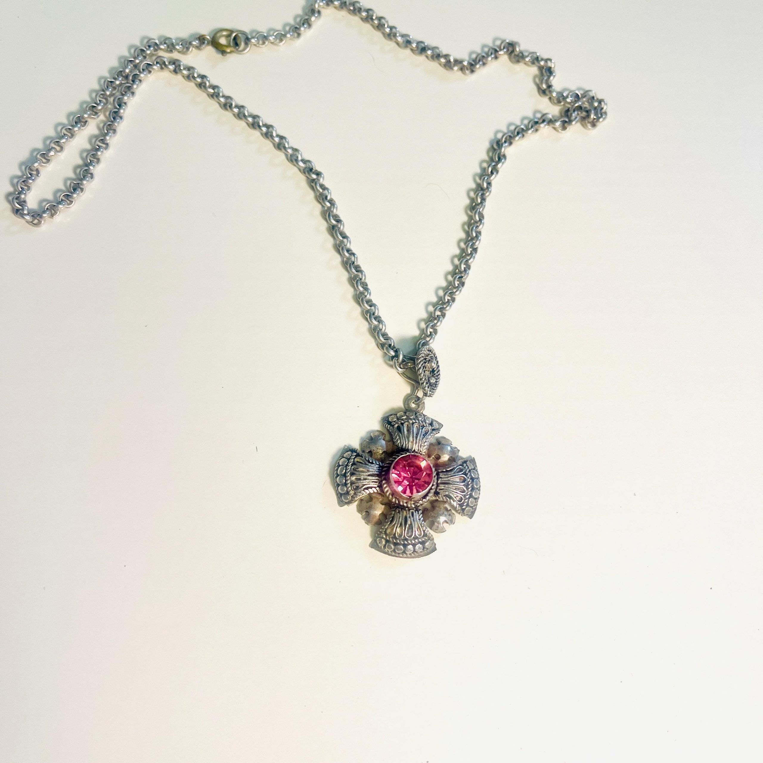 Vintage Sterling Silver Maltese Cross Pendant: Pink Sapphire Bethlehem Crusader - Image 2