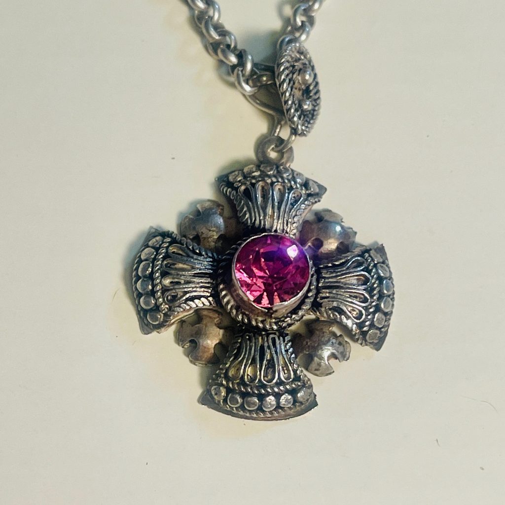 Vintage Sterling Silver Maltese Cross Pendant: Pink Sapphire Bethlehem Crusader