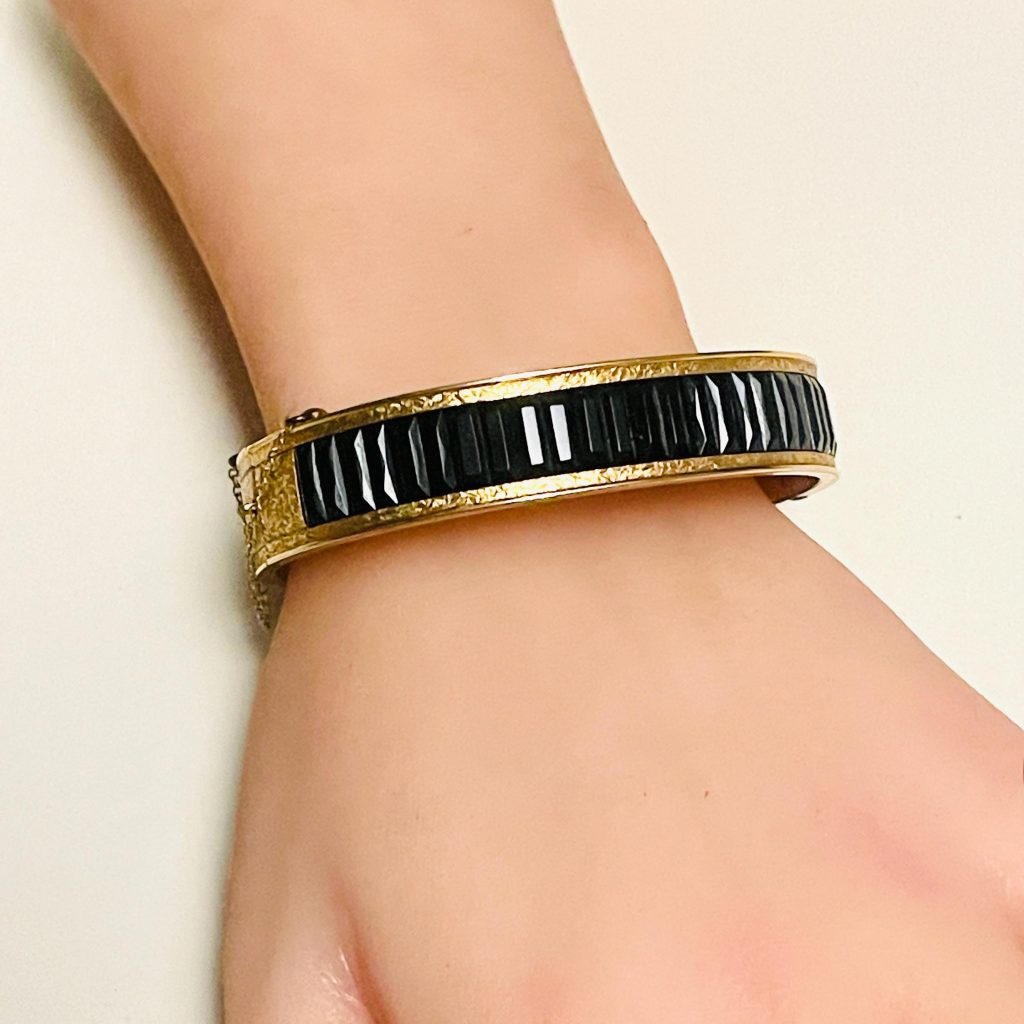 Dunn Bros Art Deco Gold-Filled Bangle Bracelet with Black Glass