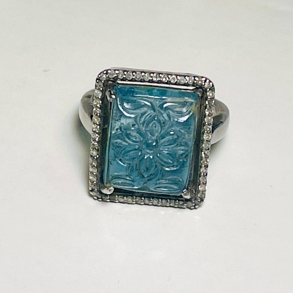 Carved Aquamarine Diamond Ring: Sterling Silver, Size 7.5