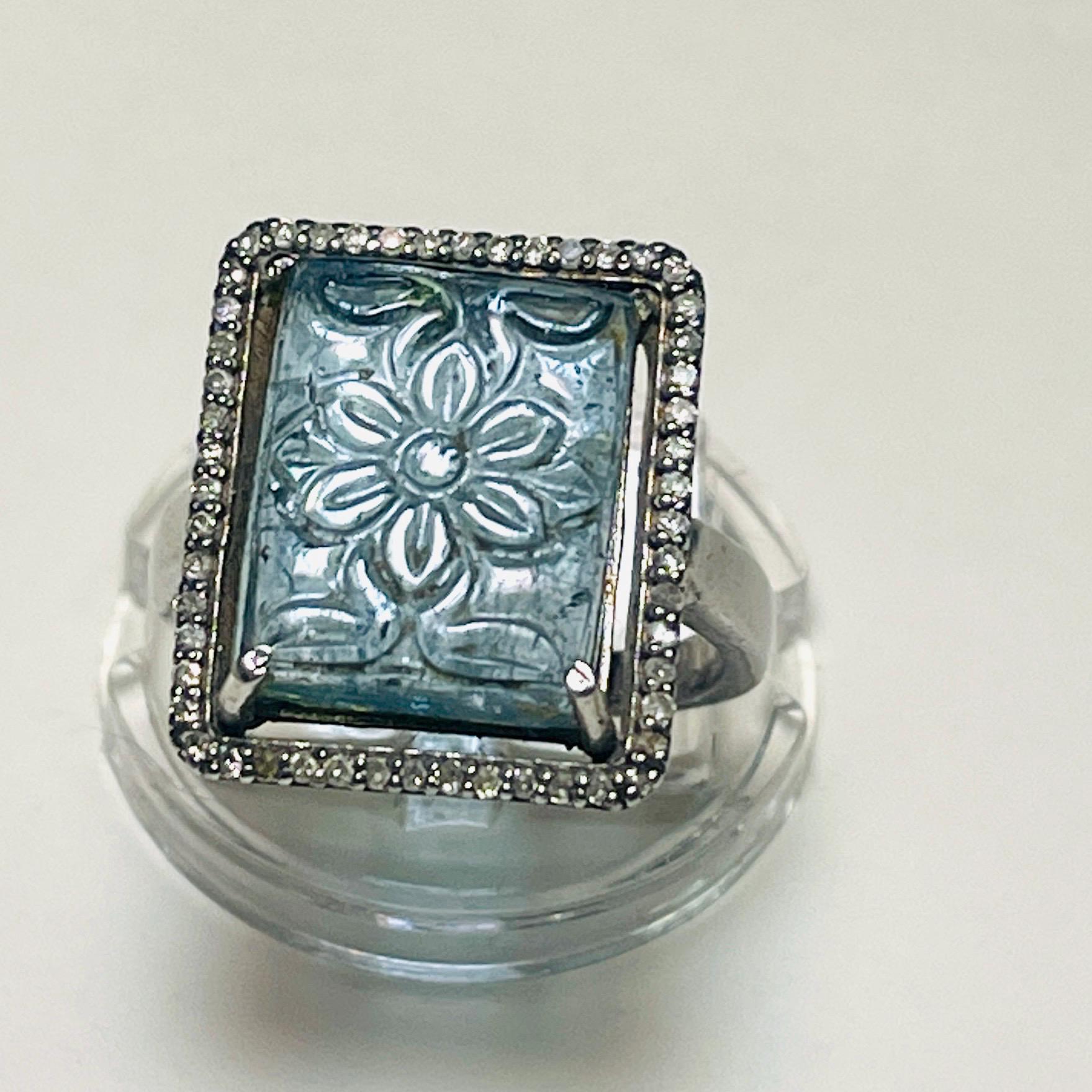 Carved Aquamarine Diamond Ring: Sterling Silver, Size 7.5 - Image 2