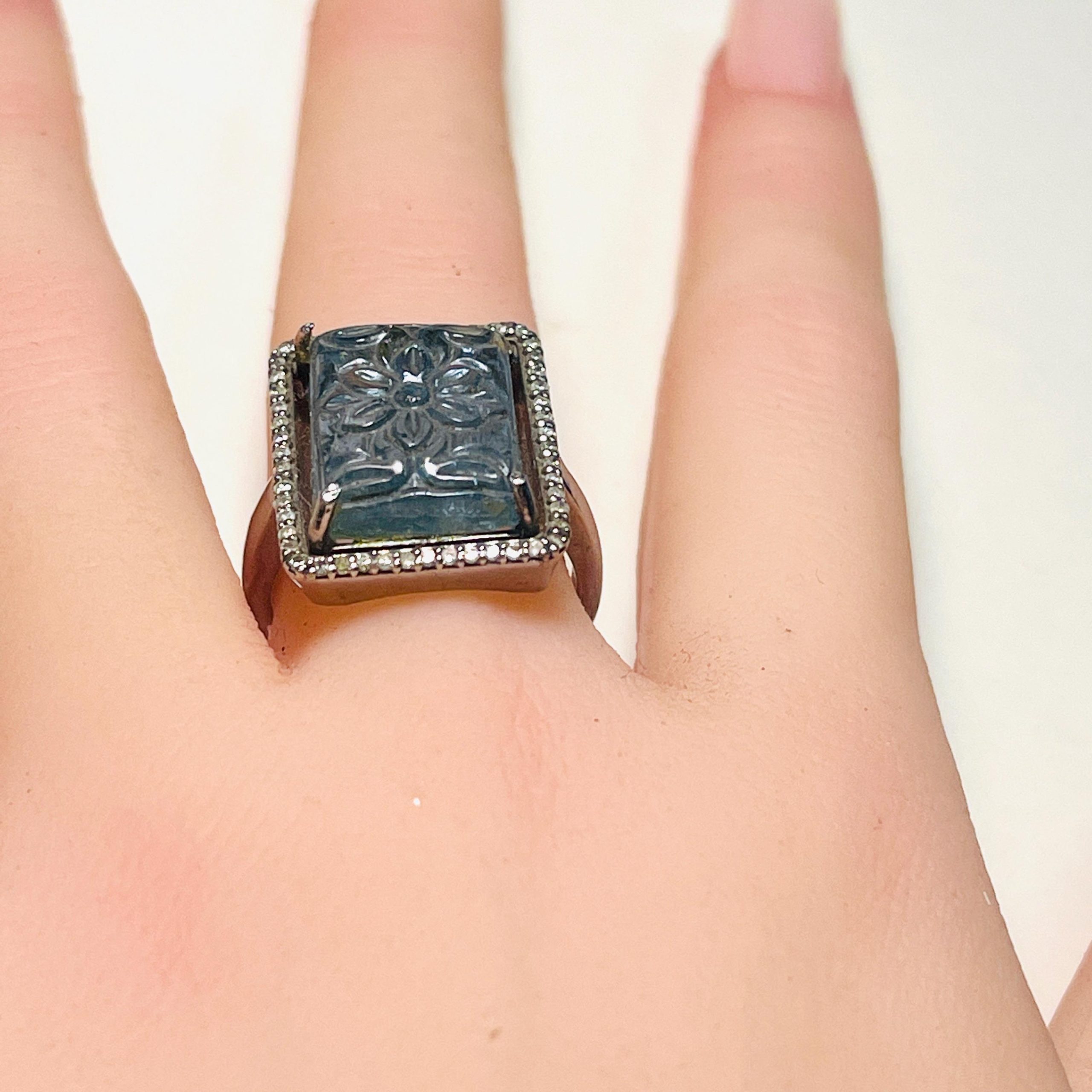 Carved Aquamarine Diamond Ring: Sterling Silver, Size 7.5 - Image 7