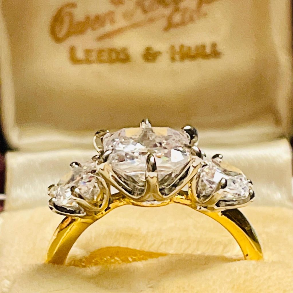 Cushion Cut CZ Trilogy Ring: Vintage Two-Tone Gold Cocktail Ring