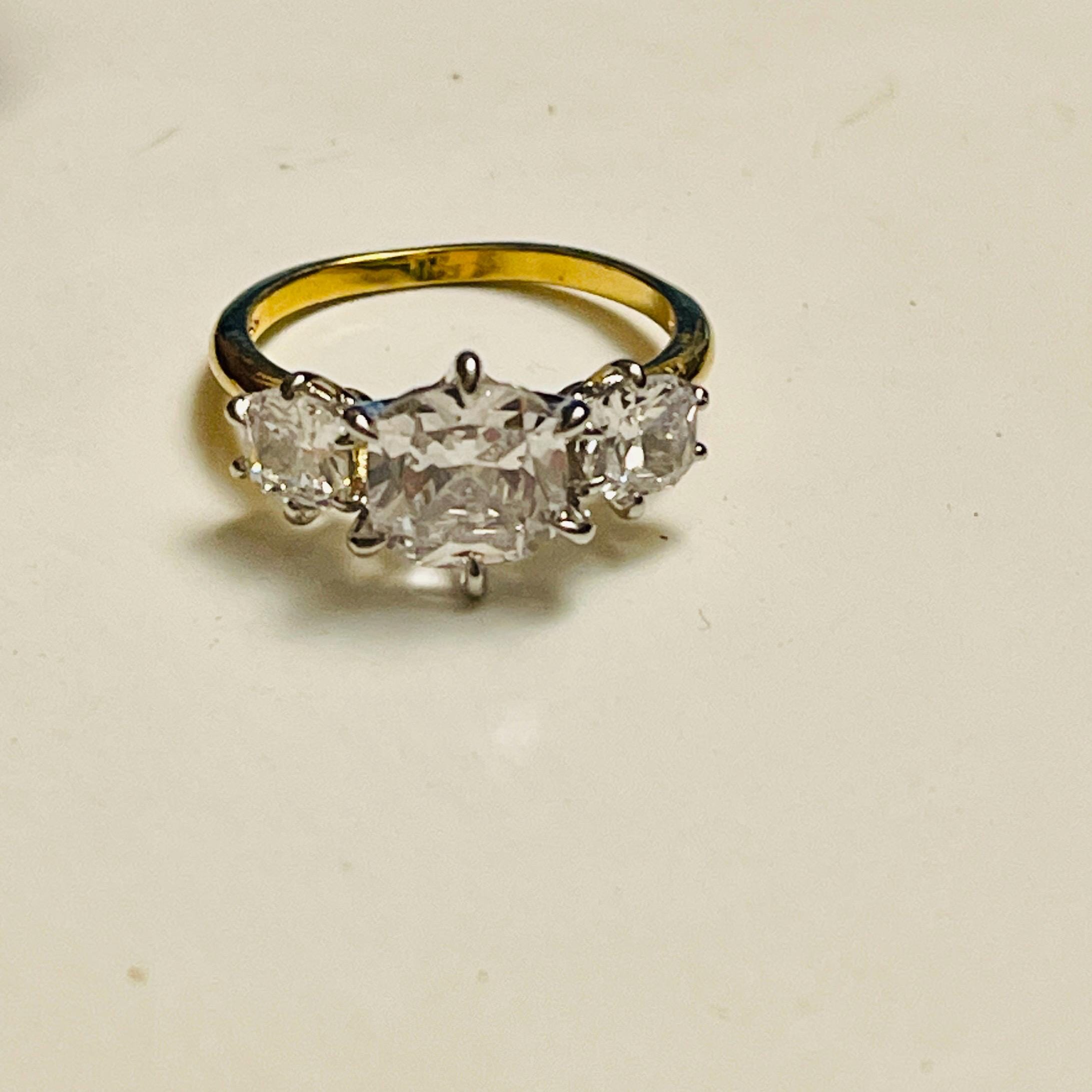 Cushion Cut CZ Trilogy Ring: Vintage Two-Tone Gold Cocktail Ring - Image 7