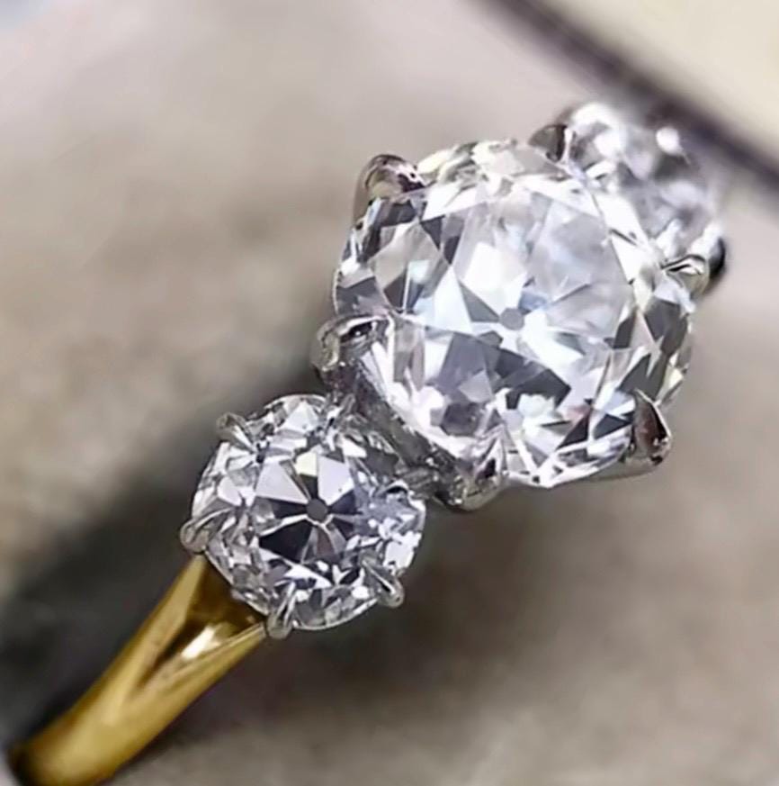 Cushion Cut CZ Trilogy Ring: Vintage Two-Tone Gold Cocktail Ring - Image 2