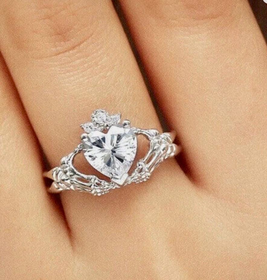 Gothic Claddagh Ring: Sterling Silver Crowned Heart & Skeleton Hands - Image 2