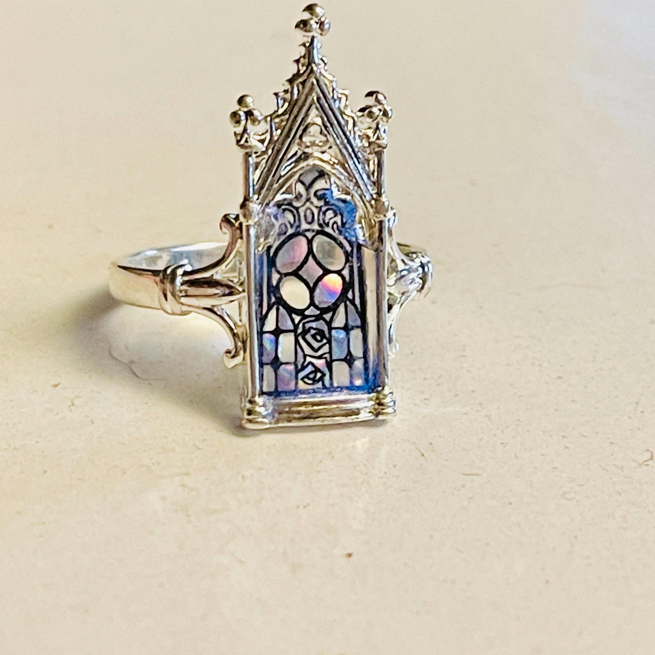 Gothic Stained Glass Window Ring - Silver Cathedral Arch - Image 6