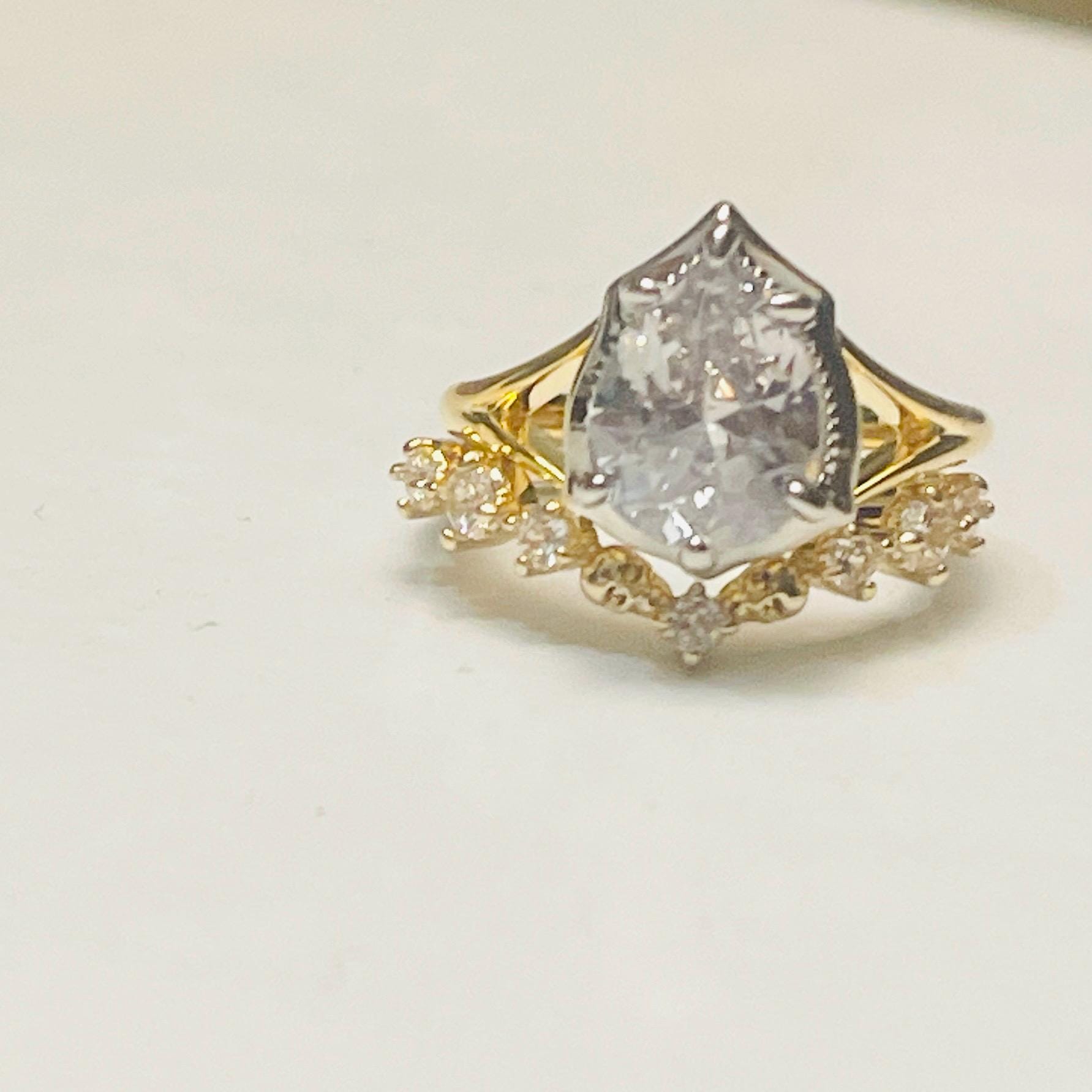Victorian Button Bezel Gothic Skull Engagement Ring: Pear Stone, 18kt Gold over Silver - Image 4