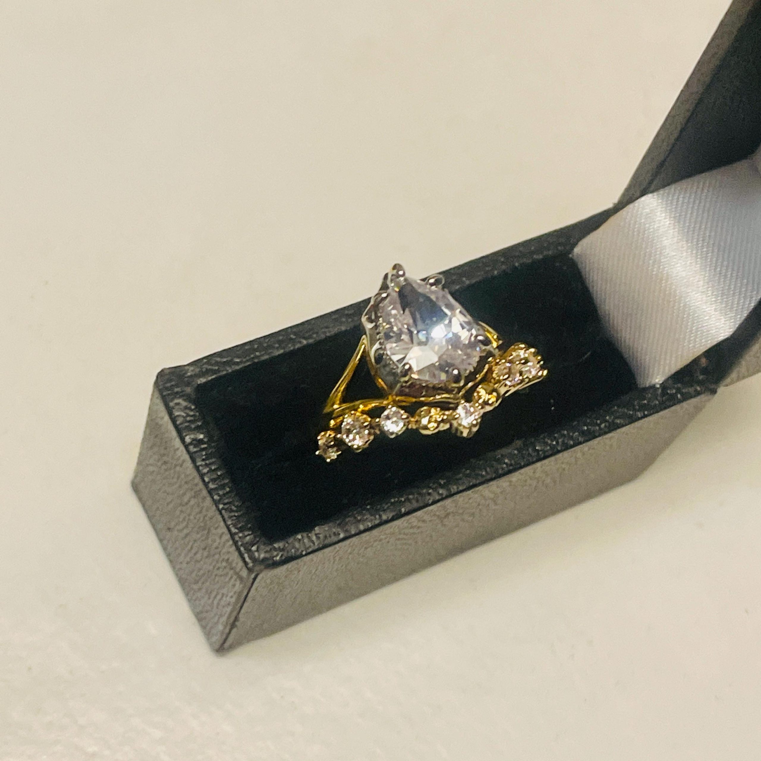 Victorian Button Bezel Gothic Skull Engagement Ring: Pear Stone, 18kt Gold over Silver - Image 2
