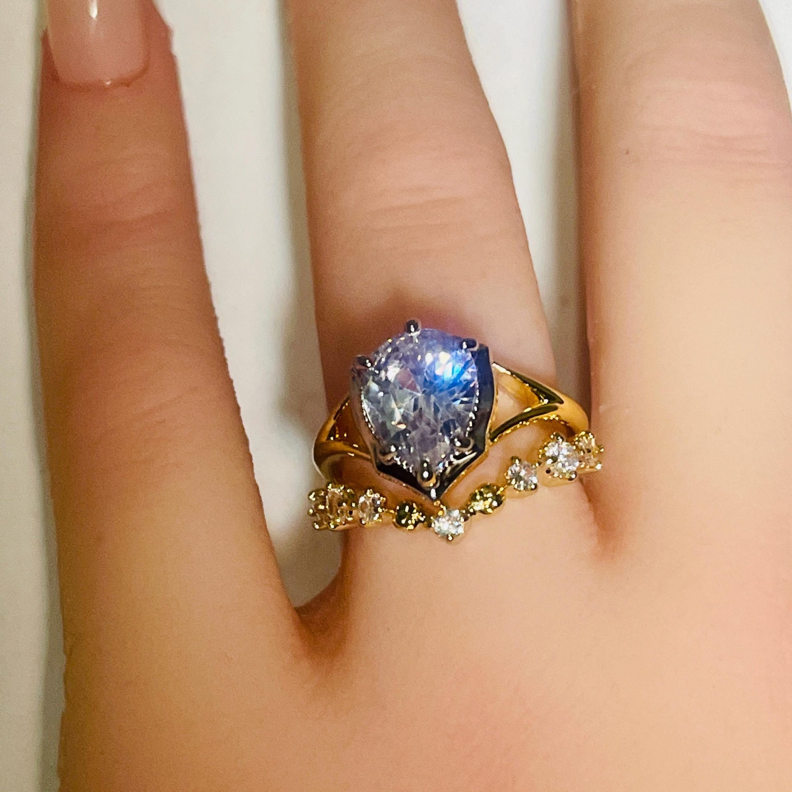 Victorian Button Bezel Gothic Skull Engagement Ring: Pear Stone, 18kt Gold over Silver - Image 8
