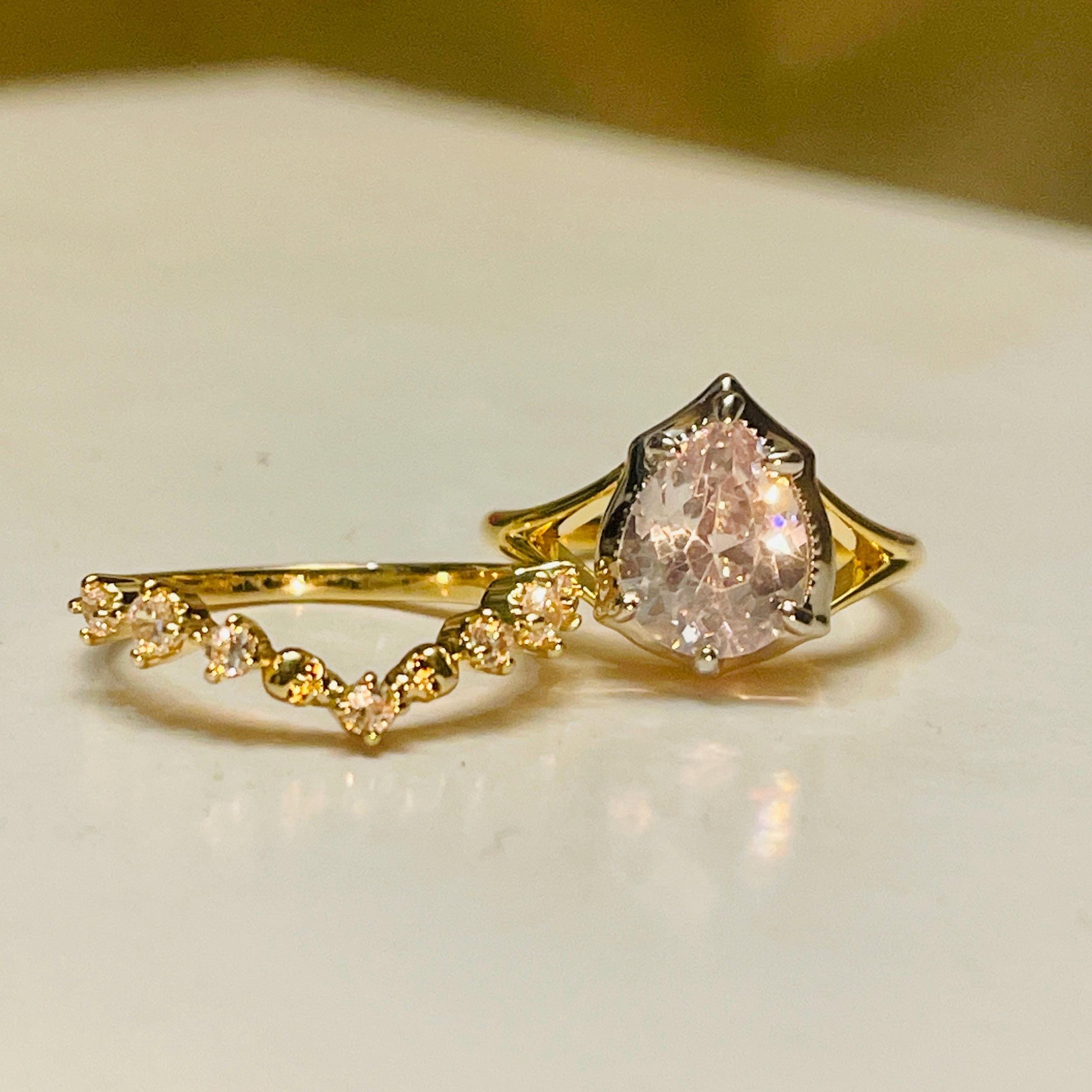 Victorian Button Bezel Gothic Skull Engagement Ring: Pear Stone, 18kt Gold over Silver - Image 3