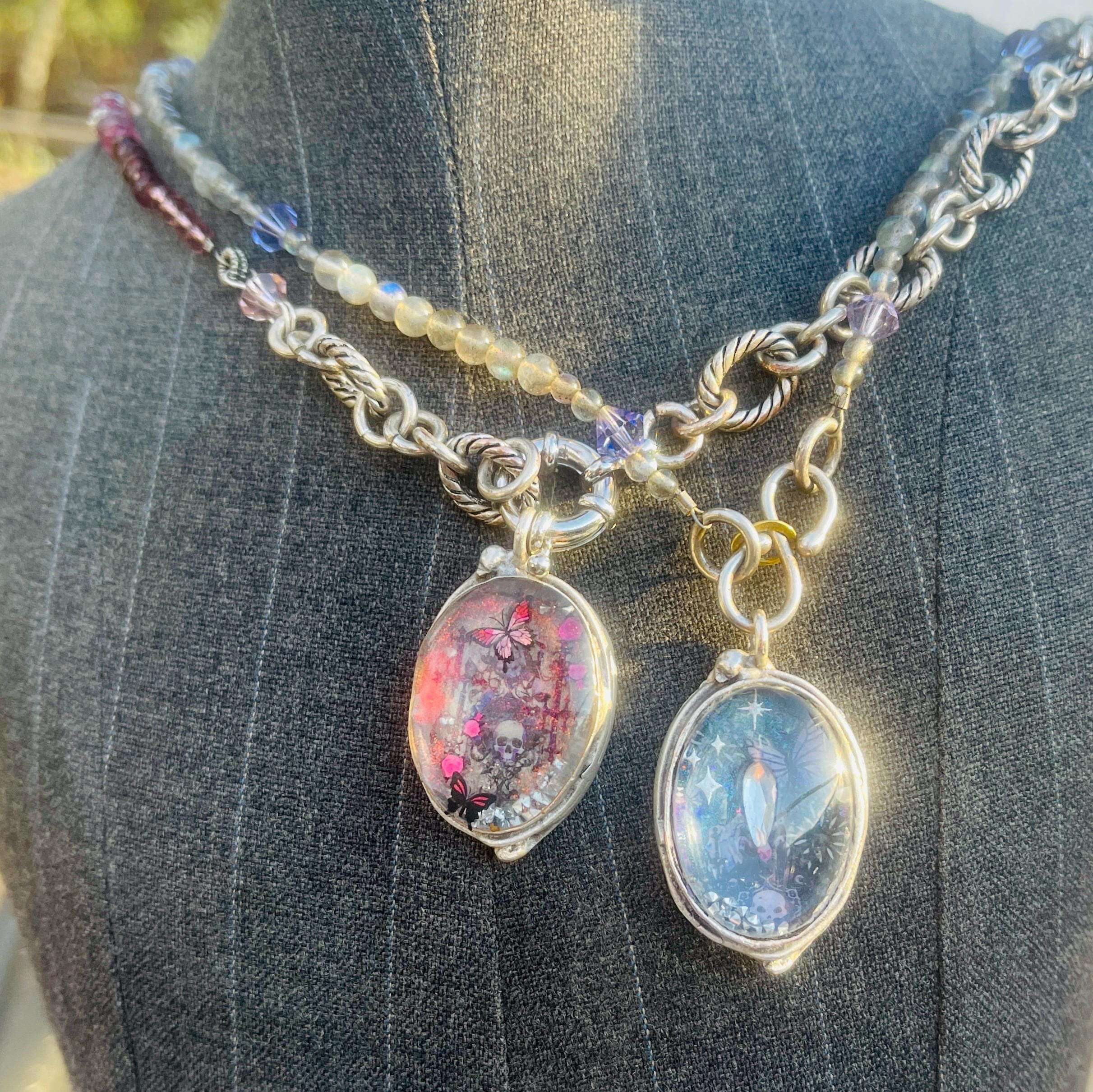Gothic Memento Mori Shaker Necklace: Crystal Skull Pendant, Garnet & Sapphire Chain - Image 6