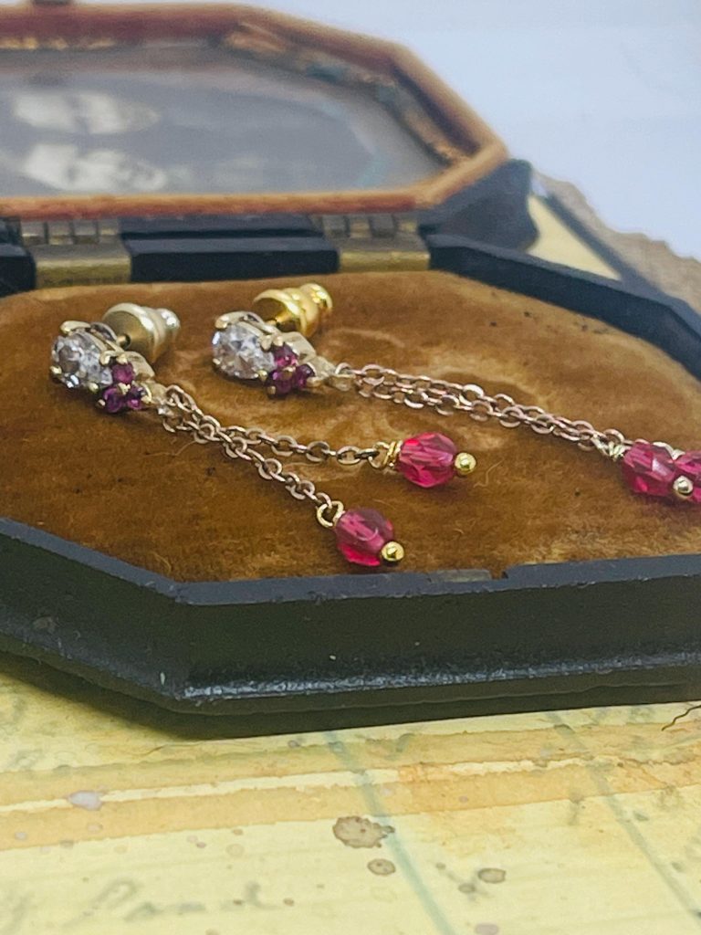 Rubies and natural white zircon vermeil Diamonds Gold Chain Drop Earrings