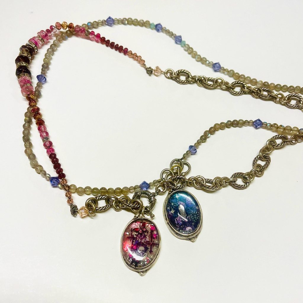 Gothic Memento Mori Shaker Necklace: Crystal Skull Pendant, Garnet & Sapphire Chain