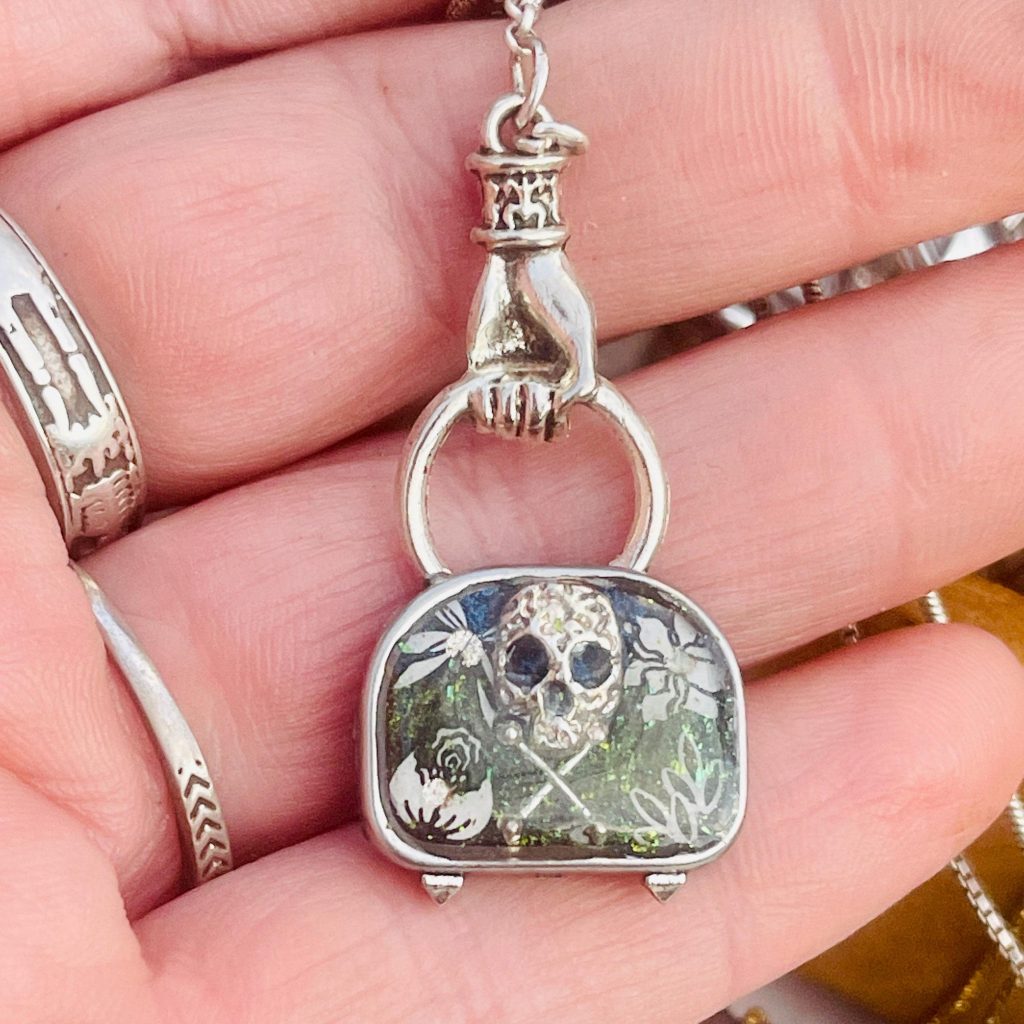 Gothic Tombstone Pendant Necklace: Memento Mori Skull, Victorian Style