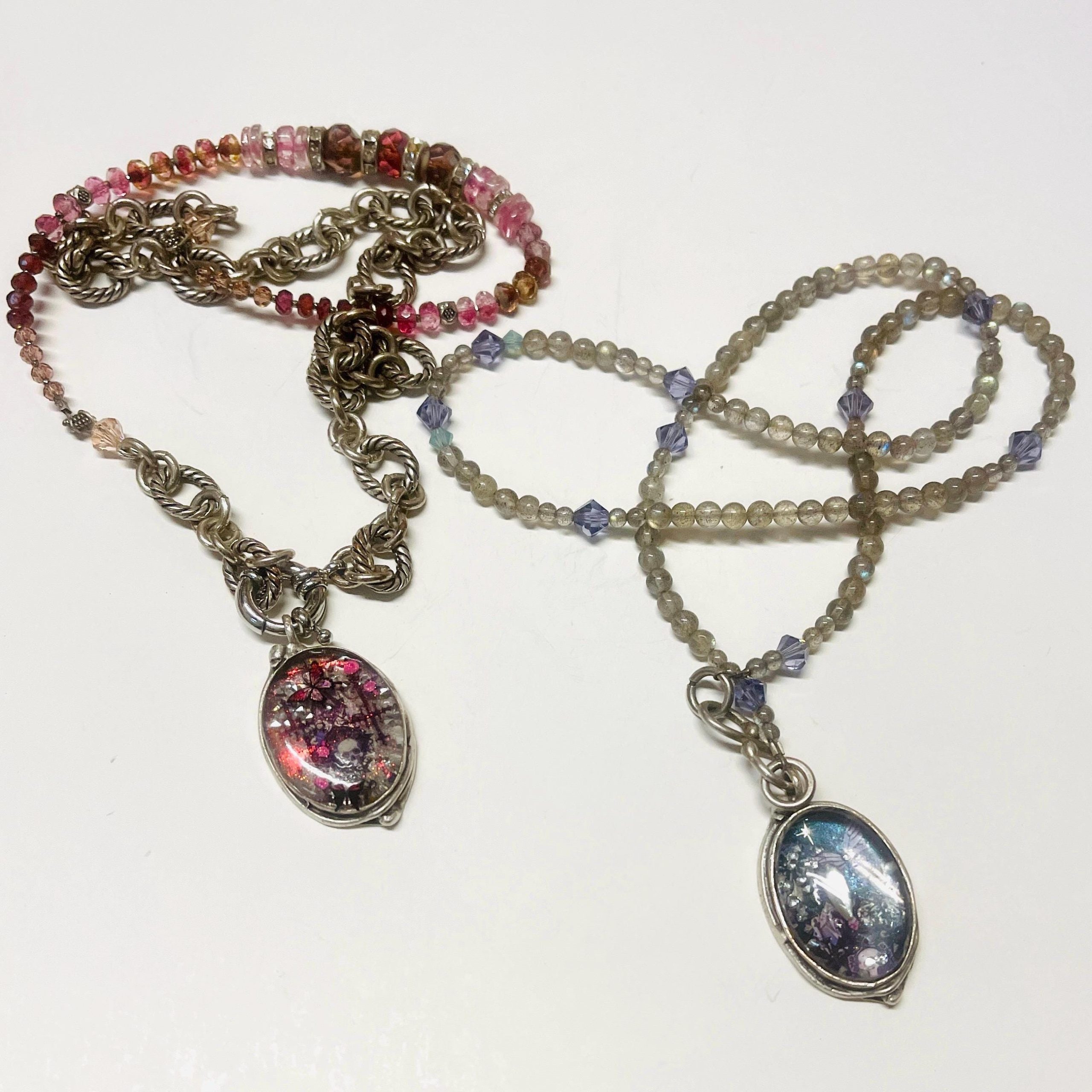 Gothic Memento Mori Shaker Necklace: Crystal Skull Pendant, Garnet & Sapphire Chain - Image 2