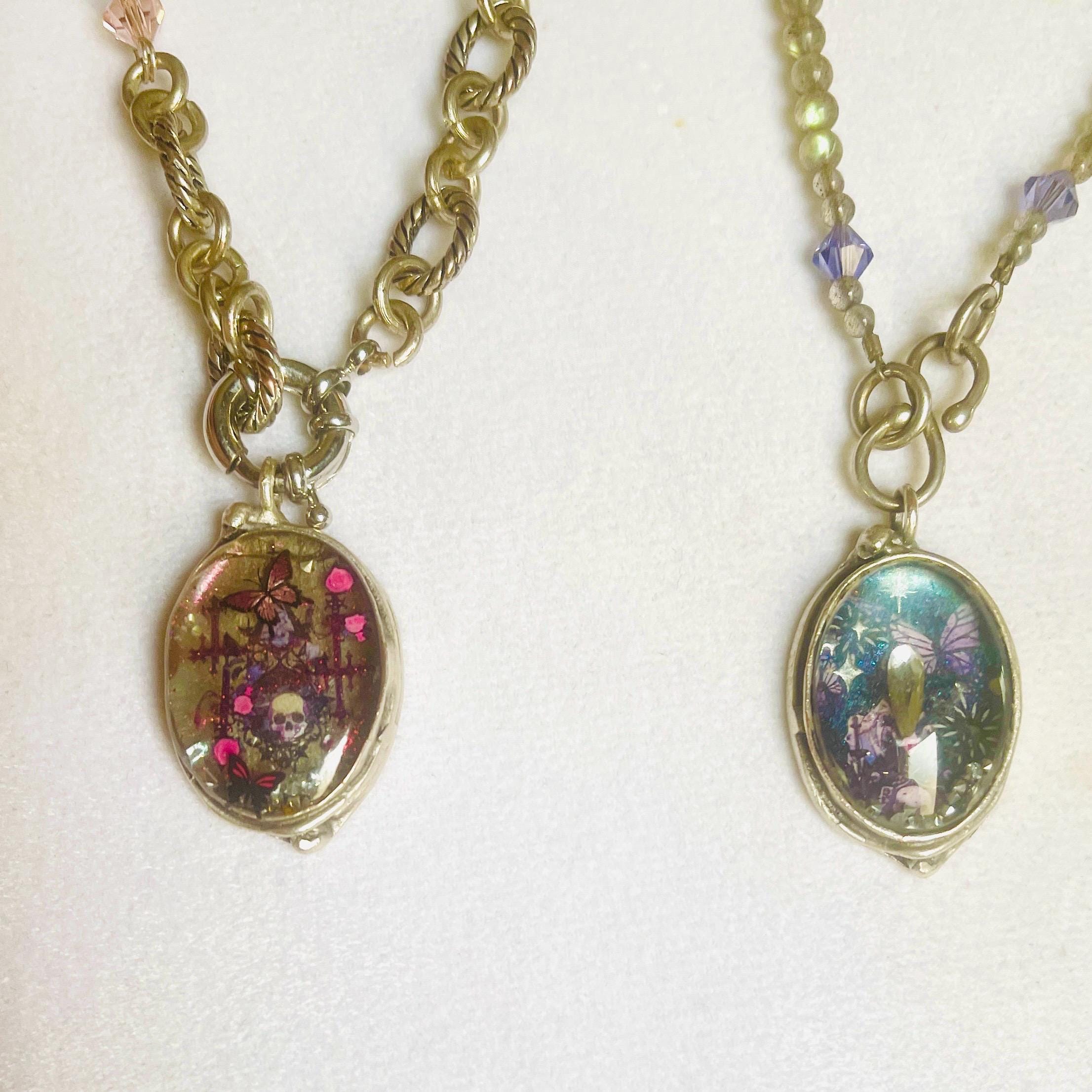 Gothic Memento Mori Shaker Necklace: Crystal Skull Pendant, Garnet & Sapphire Chain - Image 3