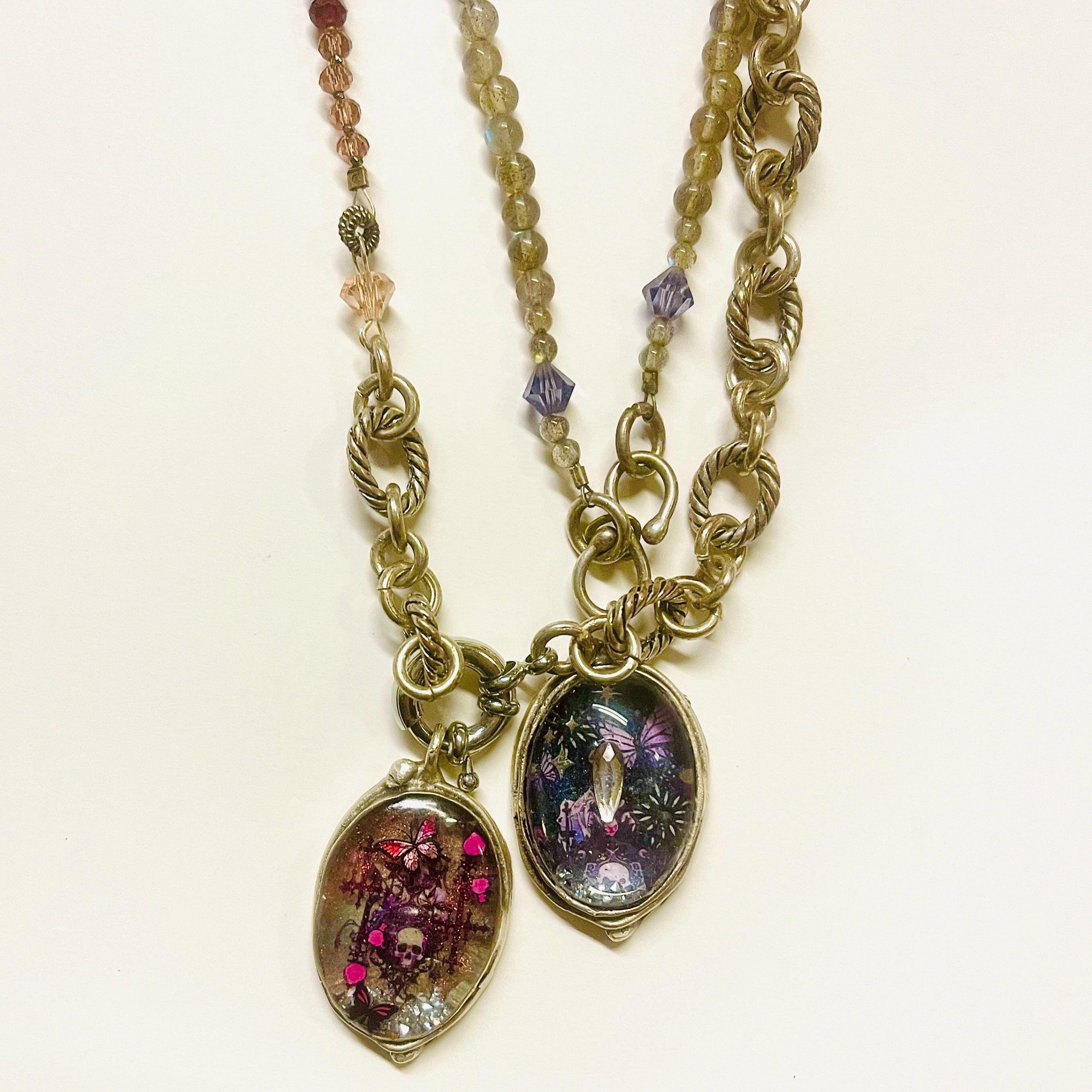 Gothic Memento Mori Shaker Necklace: Crystal Skull Pendant, Garnet & Sapphire Chain - Image 8