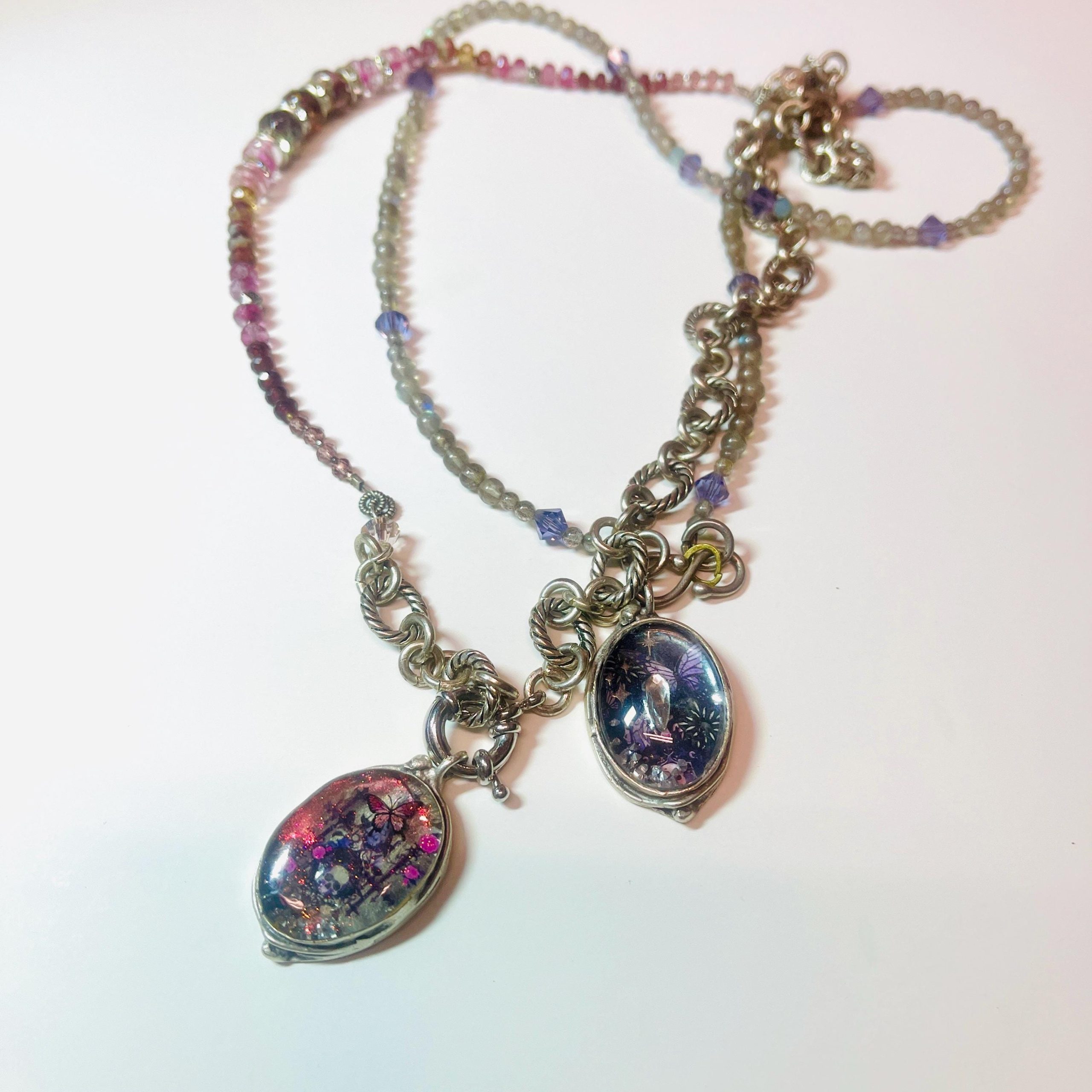 Gothic Memento Mori Shaker Necklace: Crystal Skull Pendant, Garnet & Sapphire Chain - Image 9