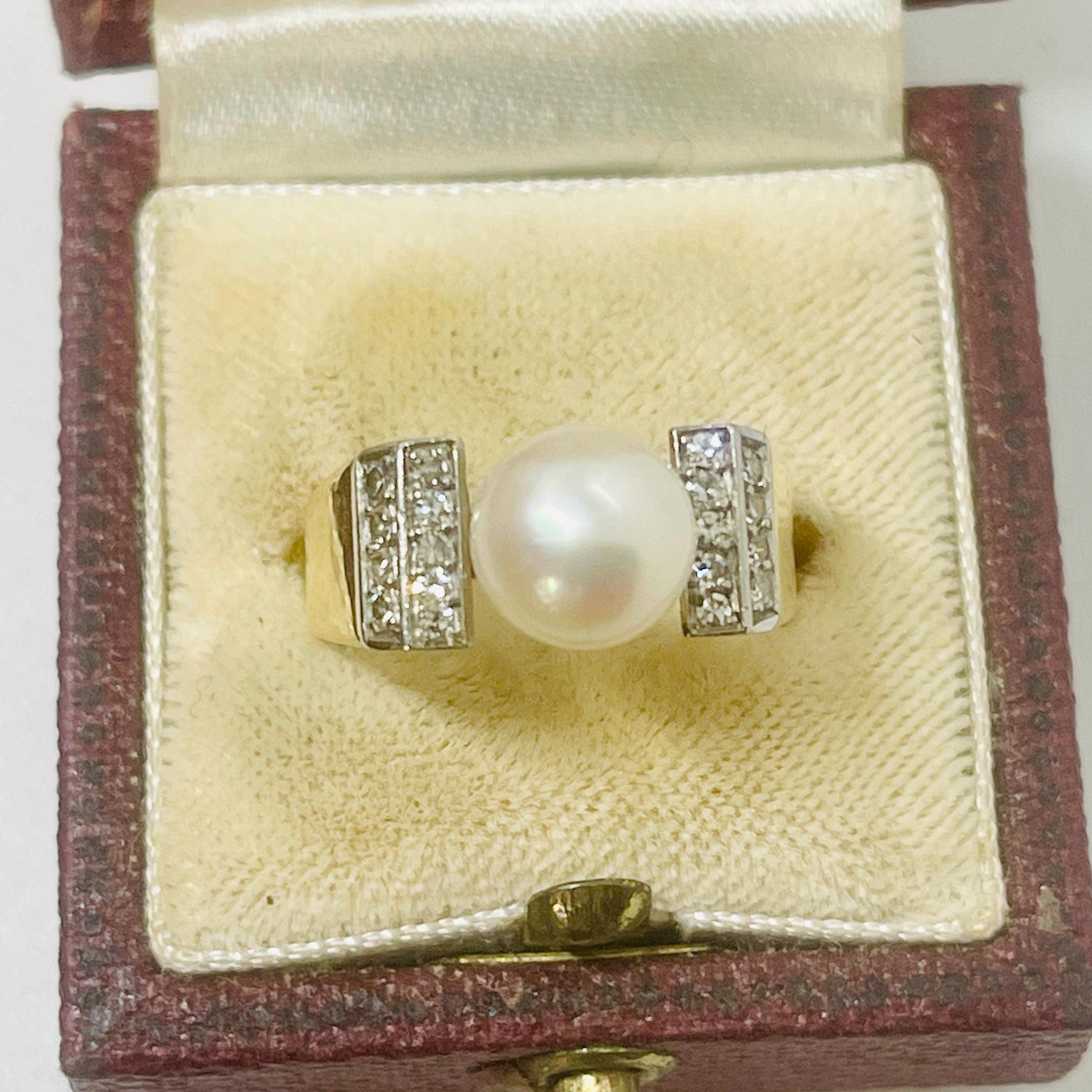 Vintage 18k Yellow Gold Pearl Diamond Ring - Size 6 - Image 2