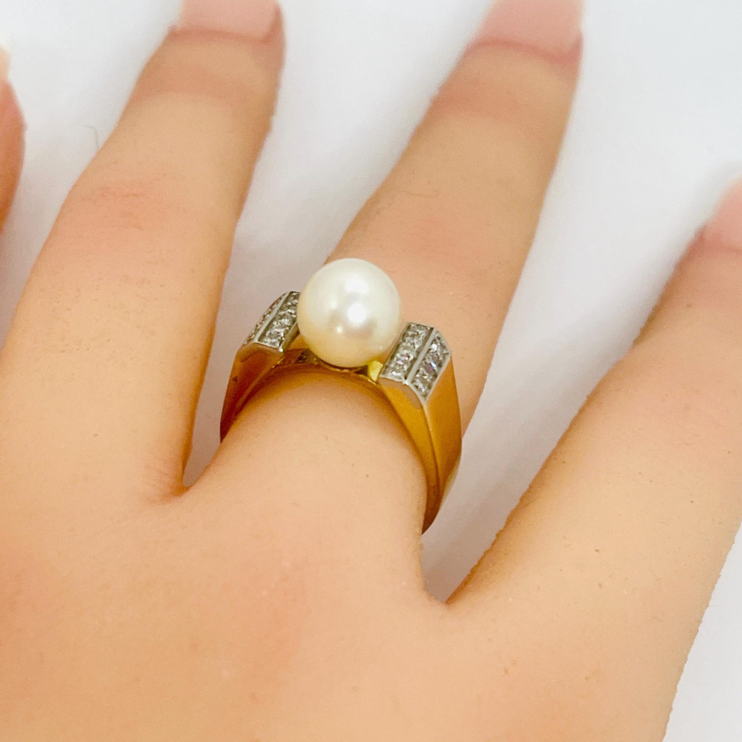 Vintage 18k Yellow Gold Pearl Diamond Ring - Size 6 - Image 9