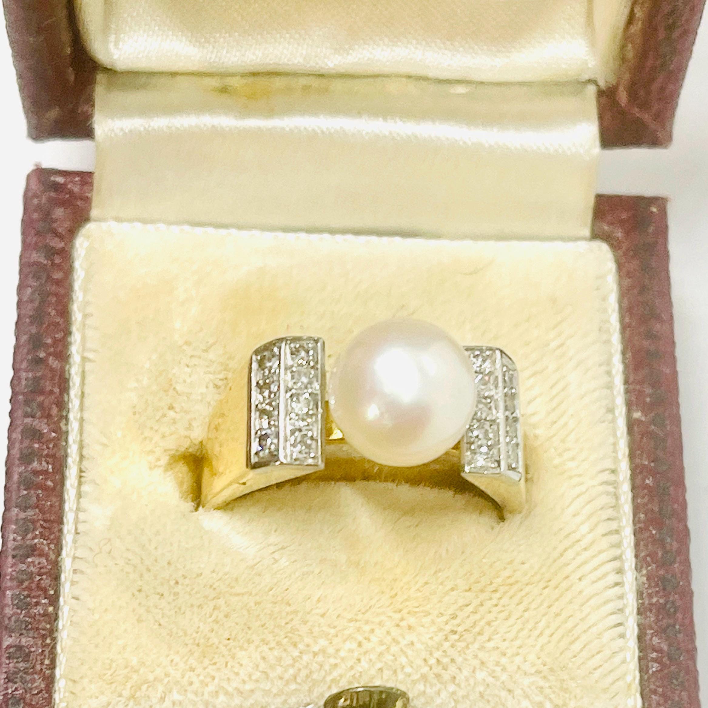 Vintage 18k Yellow Gold Pearl Diamond Ring - Size 6 - Image 10