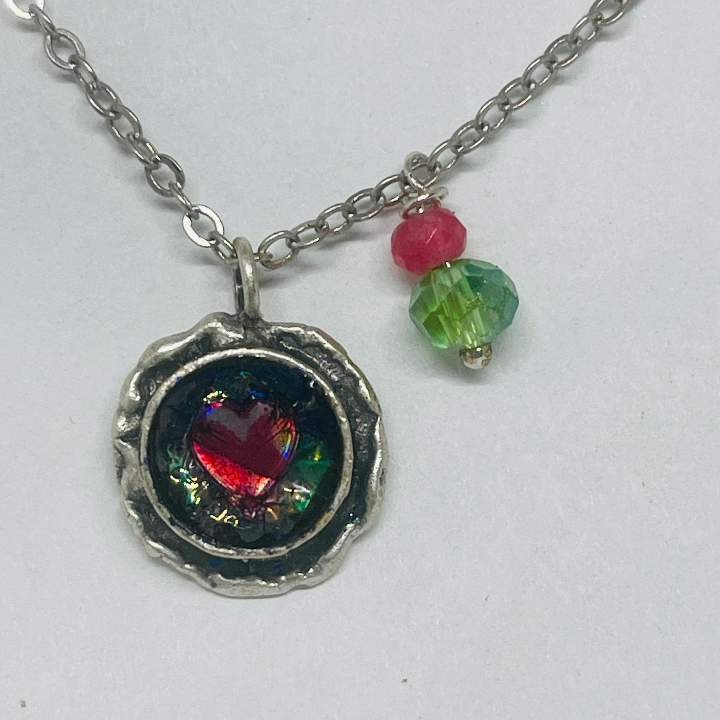 Silver Heart Necklace, Pink Green Gemstone, Loss Gift - Image 4