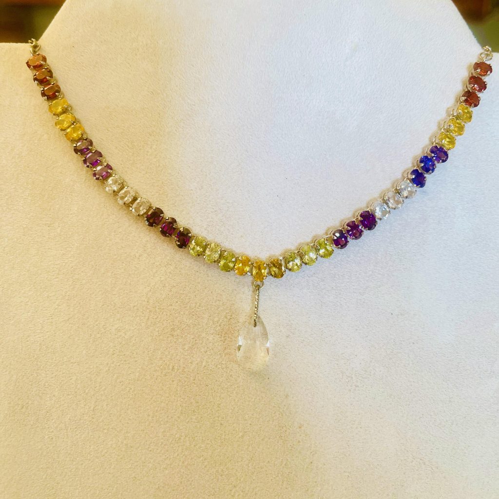 Rainbow Gemstone Tennis Necklace: Sterling Silver Boho Statement