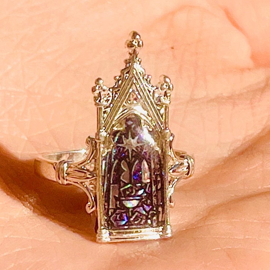 Gothic Opal Doorway Ring: Arched Window, 18k white Gold Finish