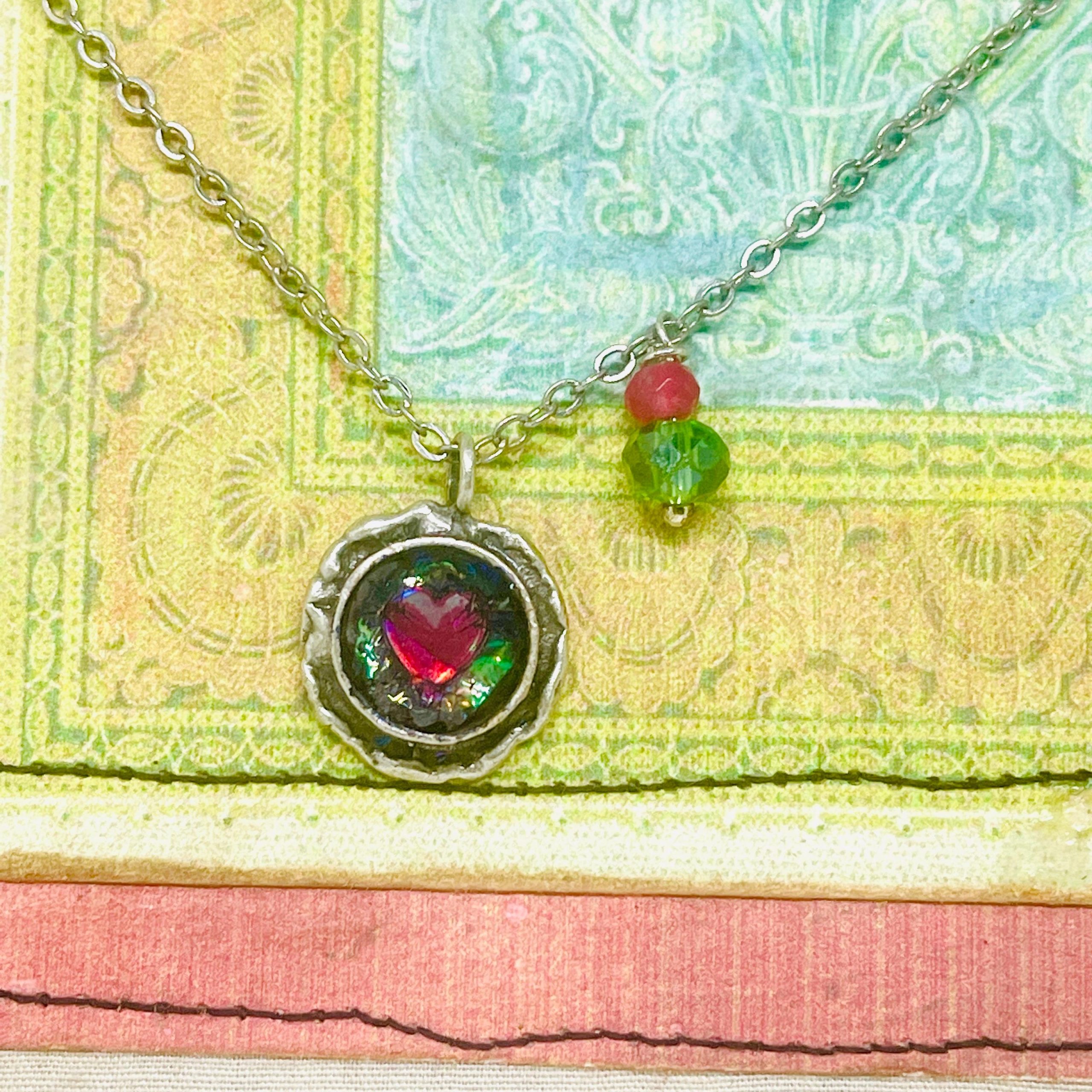 Silver Heart Necklace, Pink Green Gemstone, Loss Gift