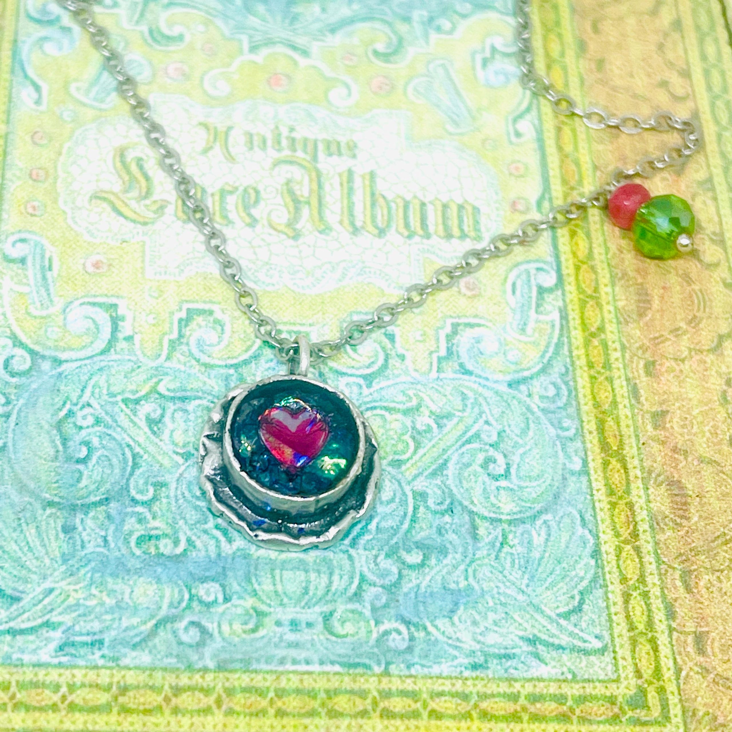 Silver Heart Necklace, Pink Green Gemstone, Loss Gift - Image 3