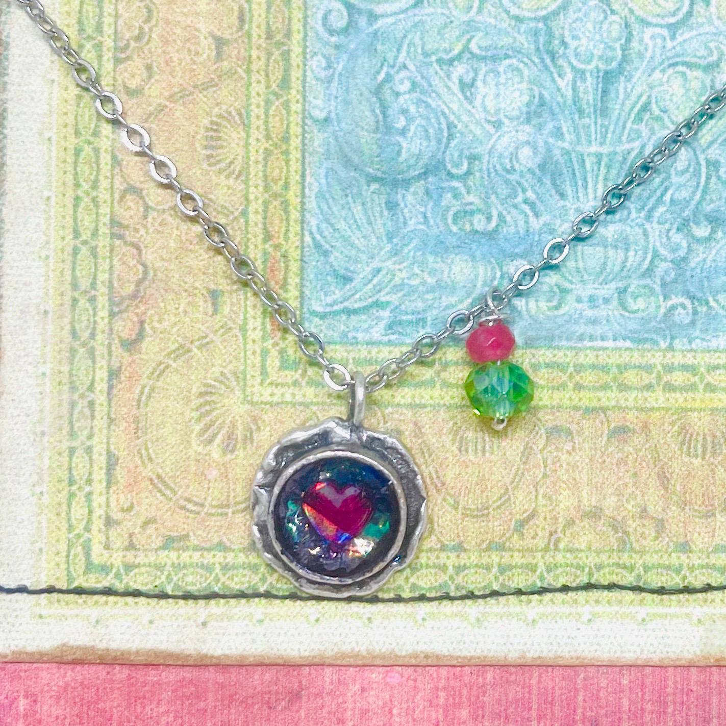 Silver Heart Necklace, Pink Green Gemstone, Loss Gift - Image 7