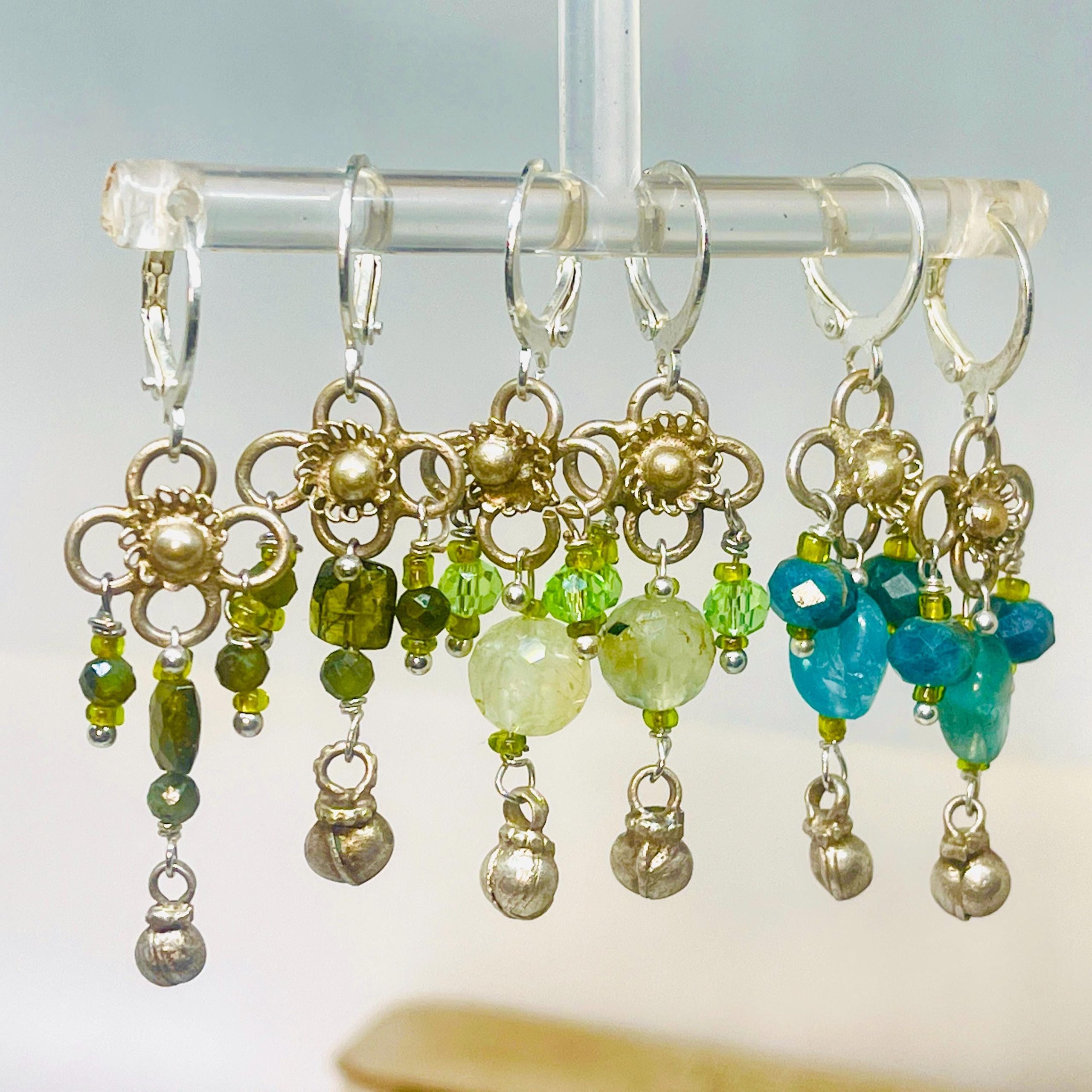 Recycled Silver Gemstone Drop Earrings: Boho Peridot Apatite Jewelry - Image 6
