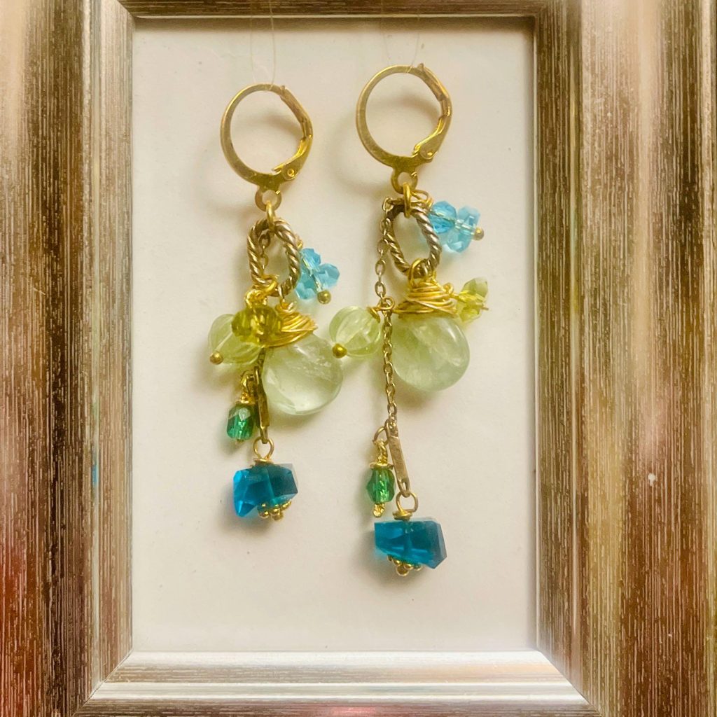 Yellow Gold Gemstone Drop Earrings: London Blue Topaz & Prehnite