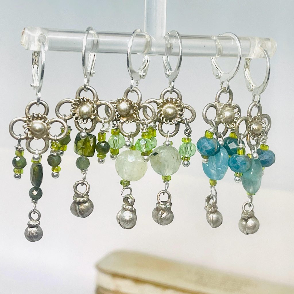 Recycled Silver Gemstone Drop Earrings: Boho Peridot Apatite Jewelry